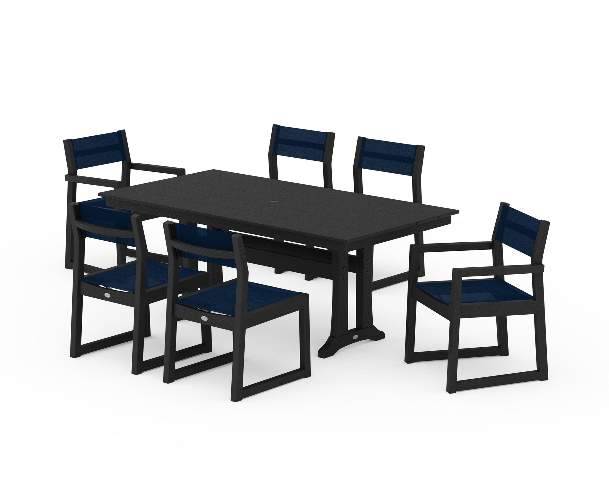POLYWOOD EDGE Sling 7-Piece Farmhouse Trestle Dining Set — Black / Navy Blue Sling