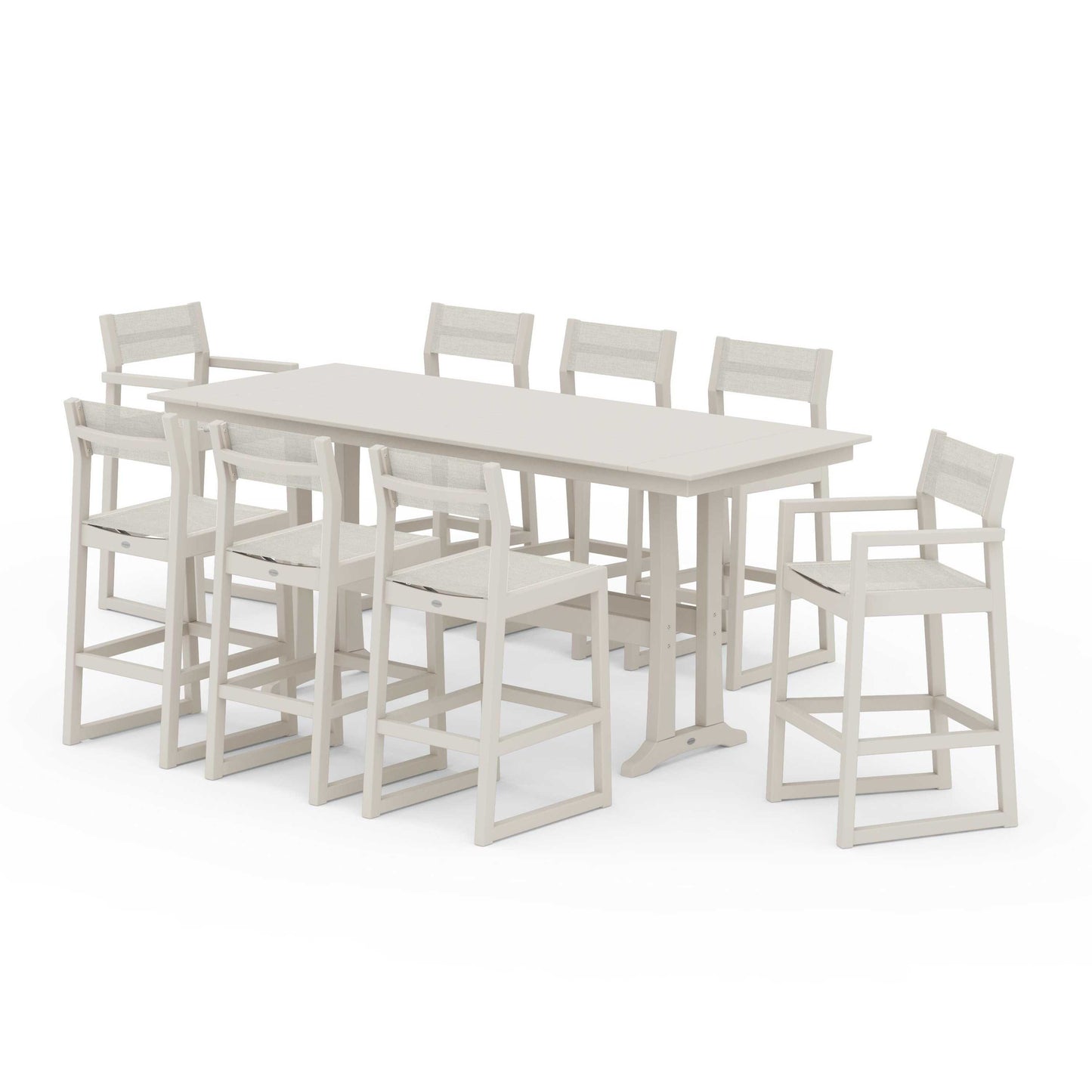 POLYWOOD EDGE Sling 9-Piece Farmhouse Bar Set with Trestle Legs — Sand / Parchment Sling