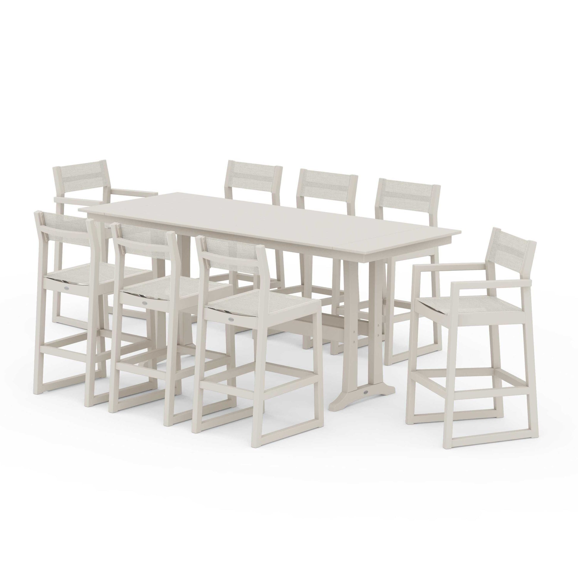 POLYWOOD EDGE Sling 9-Piece Farmhouse Bar Set with Trestle Legs — Sand / Parchment Sling