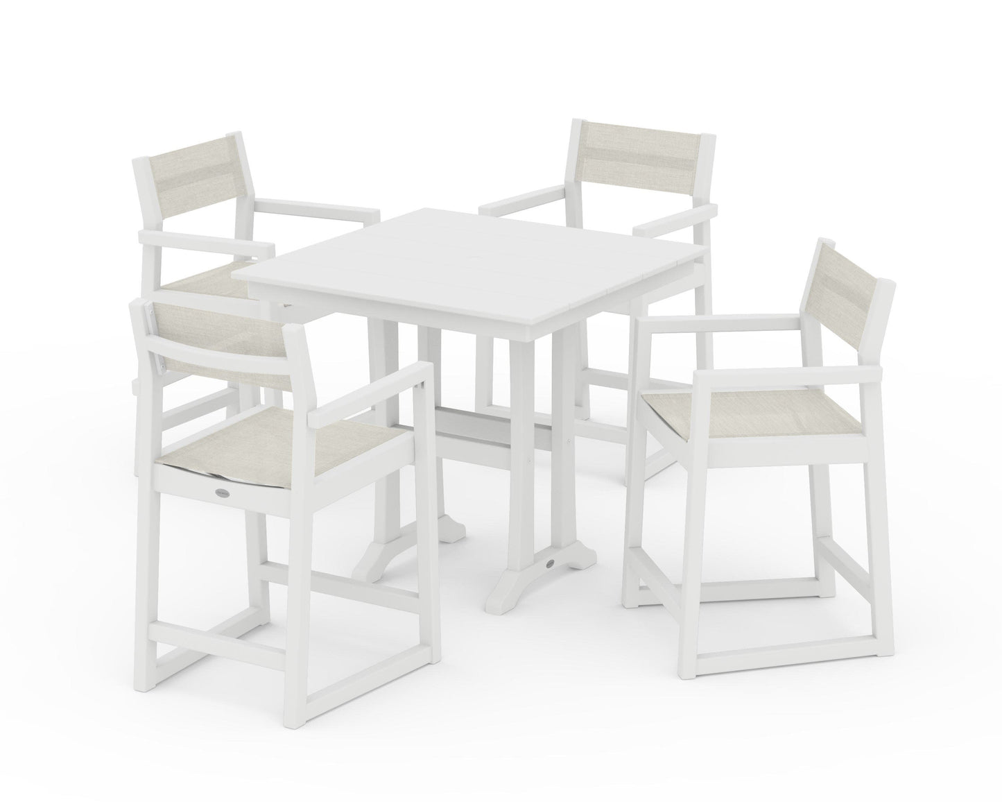 POLYWOOD EDGE Sling Arm Chair 5-Piece Farmhouse Counter Set with Trestle Legs — White / Parchment Sling