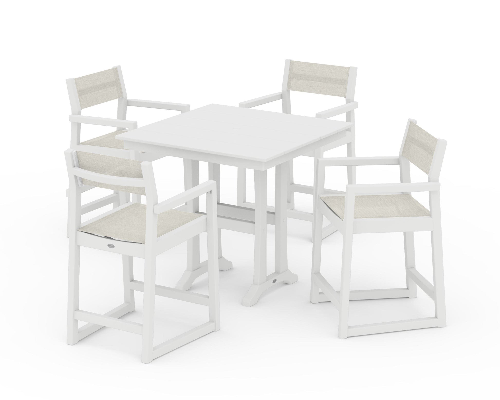 POLYWOOD EDGE Sling Arm Chair 5-Piece Farmhouse Counter Set with Trestle Legs — White / Parchment Sling