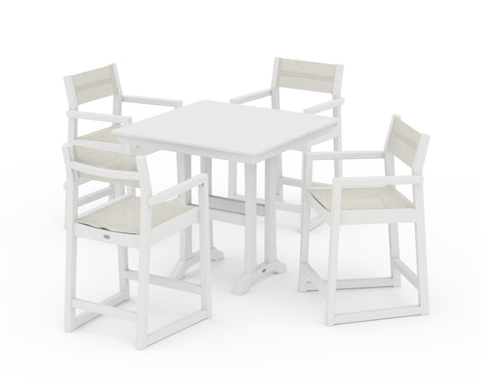 POLYWOOD EDGE Sling Arm Chair 5-Piece Farmhouse Counter Set with Trestle Legs — White / Parchment Sling