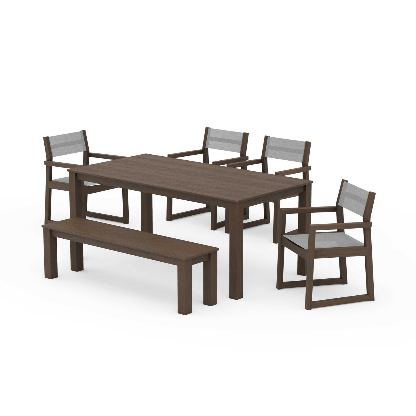 POLYWOOD EDGE Sling Arm Chair 6-Piece Parsons Dining Set with Bench — Kona / Metallic Sling