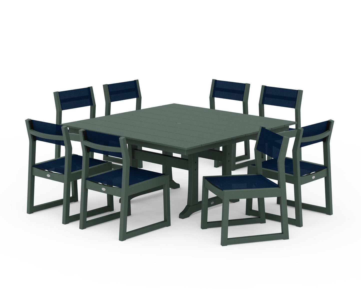 POLYWOOD EDGE Sling Side Chair 9-Piece Farmhouse Trestle Dining Set — Green / Navy Blue Sling