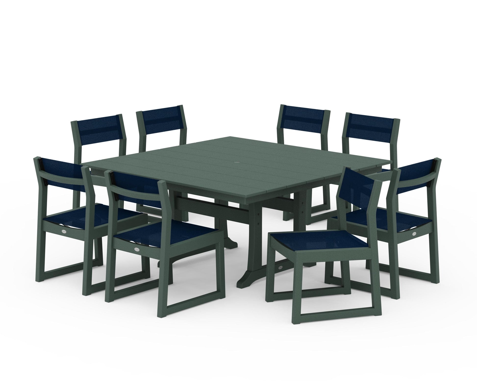 POLYWOOD EDGE Sling Side Chair 9-Piece Farmhouse Trestle Dining Set — Green / Navy Blue Sling