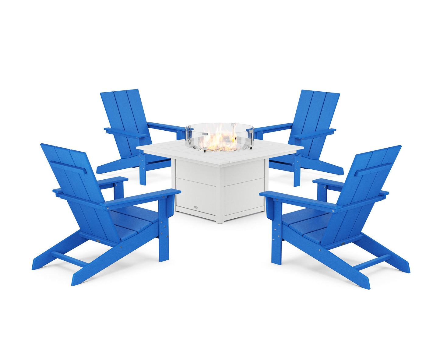 POLYWOOD 5-Piece Modern Studio Adirondack Conversation Set with Fire Pit Table — Pacific Blue / White