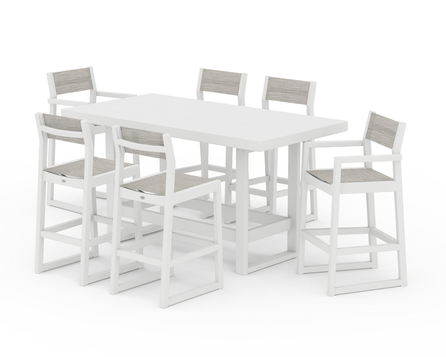 POLYWOOD EDGE Sling 7-Piece Bar Table Set — White / Birch Sling