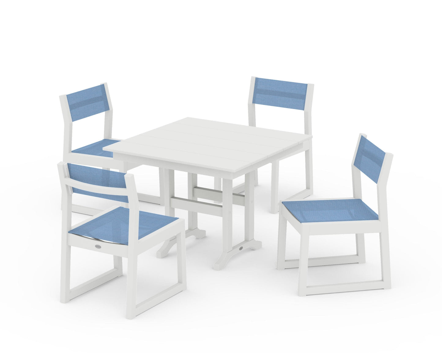 POLYWOOD EDGE Sling Side Chair 5-Piece Farmhouse Dining Set — Vintage White / Poolside Sling