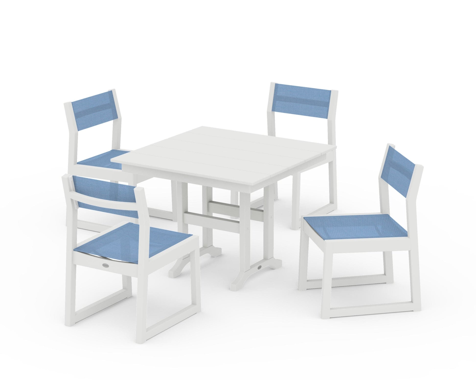 POLYWOOD EDGE Sling Side Chair 5-Piece Farmhouse Dining Set — Vintage White / Poolside Sling