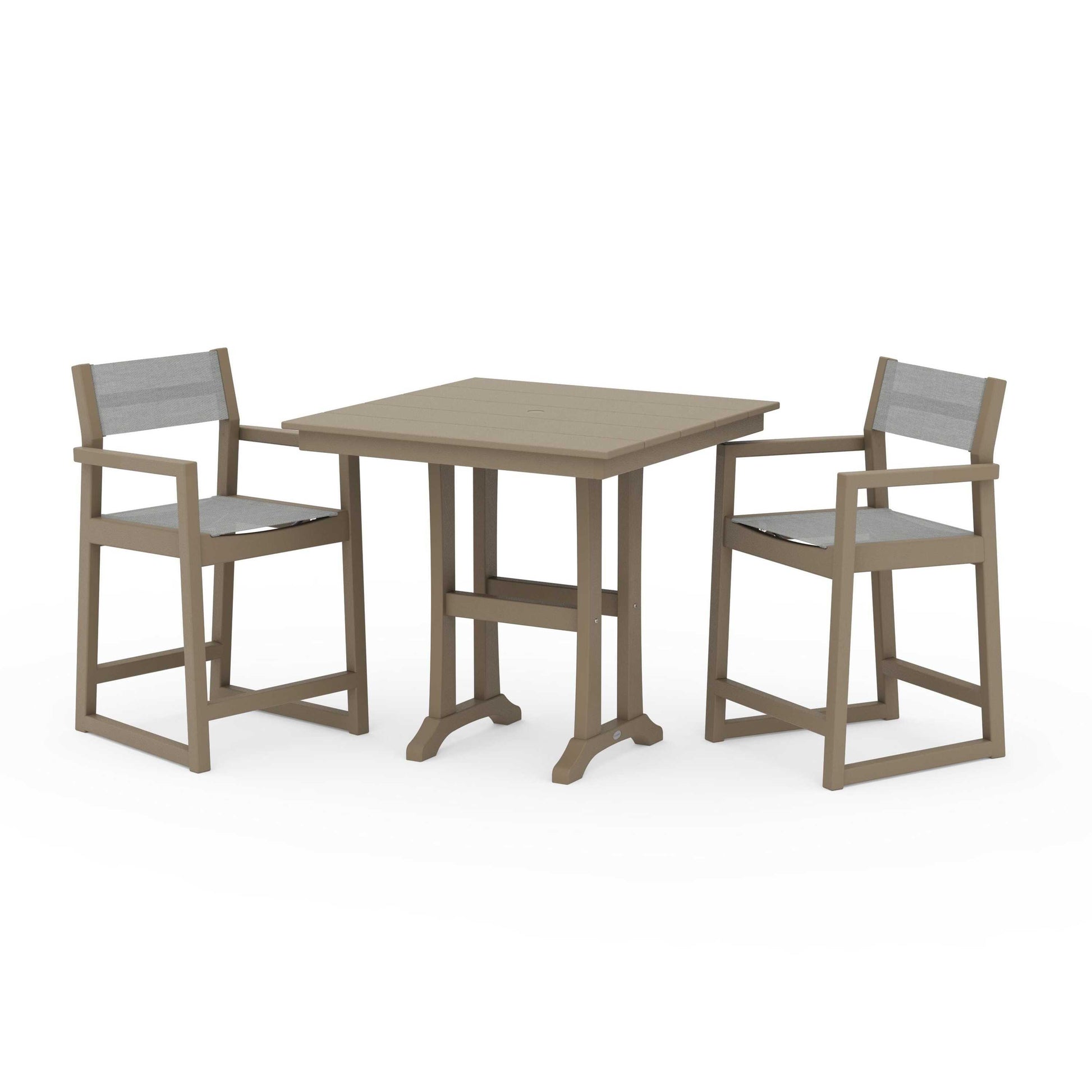 POLYWOOD EDGE Sling Arm Chair 3-Piece Farmhouse Counter Set with Trestle Legs — Vintage Sahara / Metallic Sling