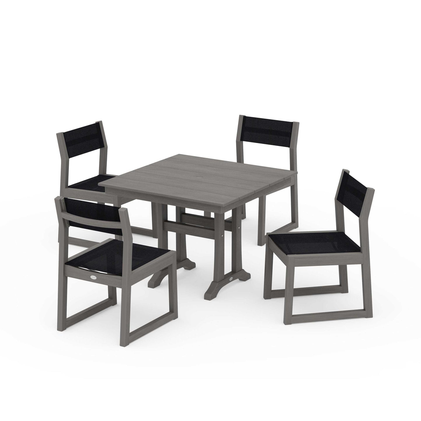 POLYWOOD EDGE Sling 5-Piece Farmhouse Trestle Side Chair Dining Set — Driftwood / Black Sling