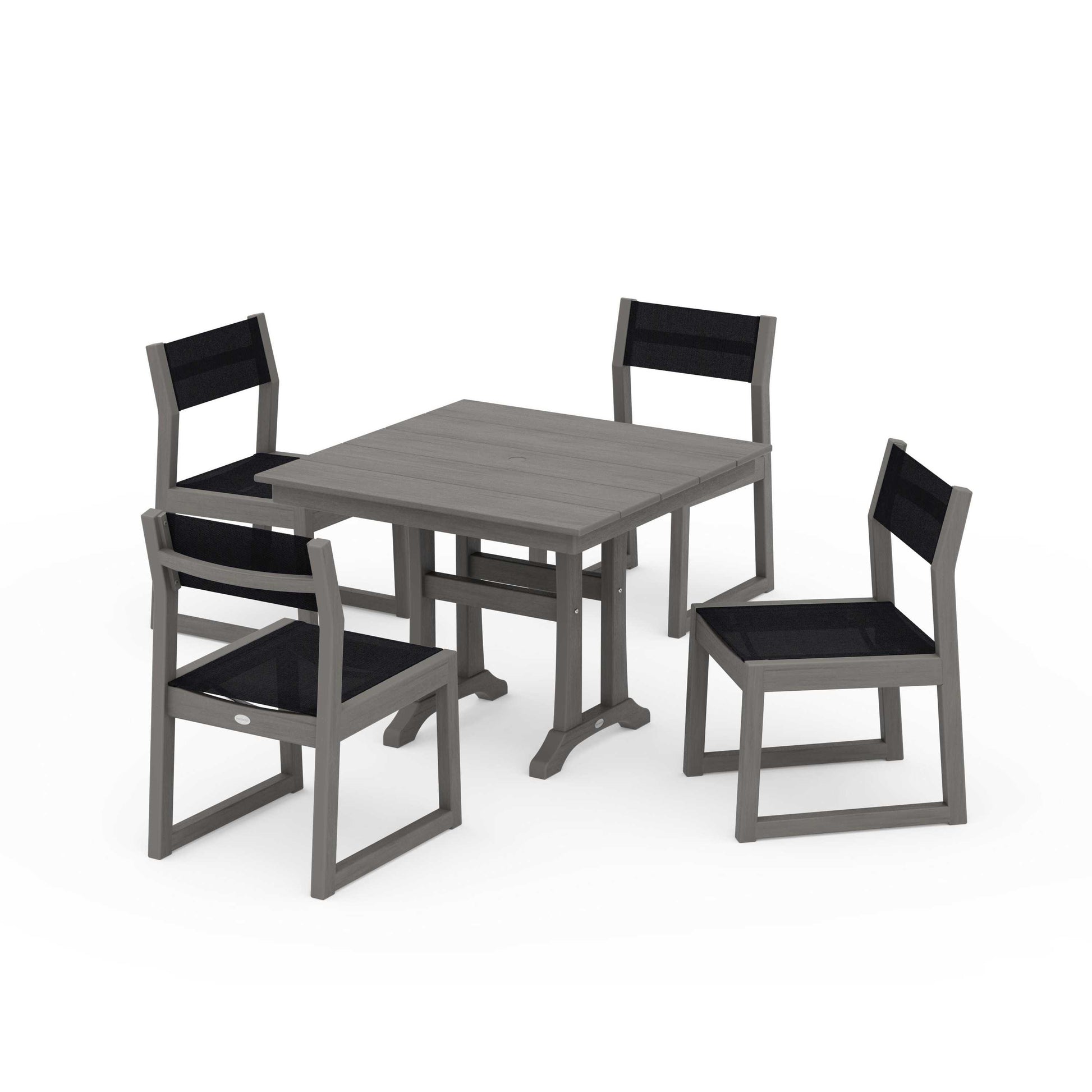 POLYWOOD EDGE Sling 5-Piece Farmhouse Trestle Side Chair Dining Set — Driftwood / Black Sling