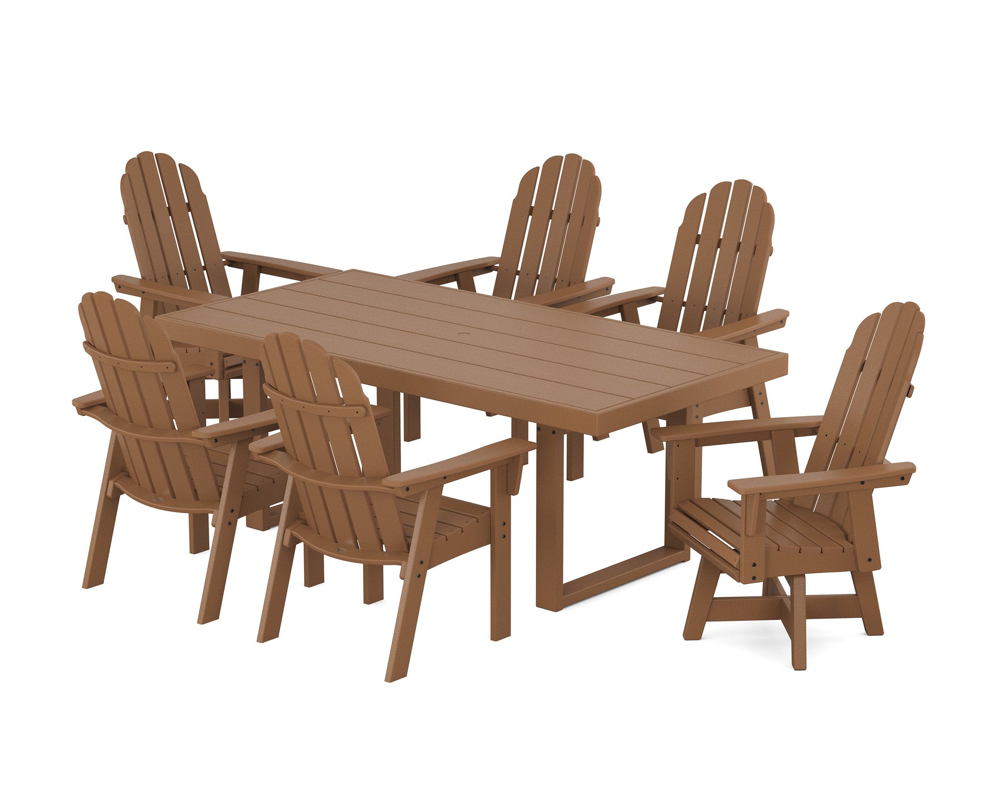 POLYWOOD Vineyard Curveback Adirondack Swivel Chair 7-Piece Dining Set — Teak