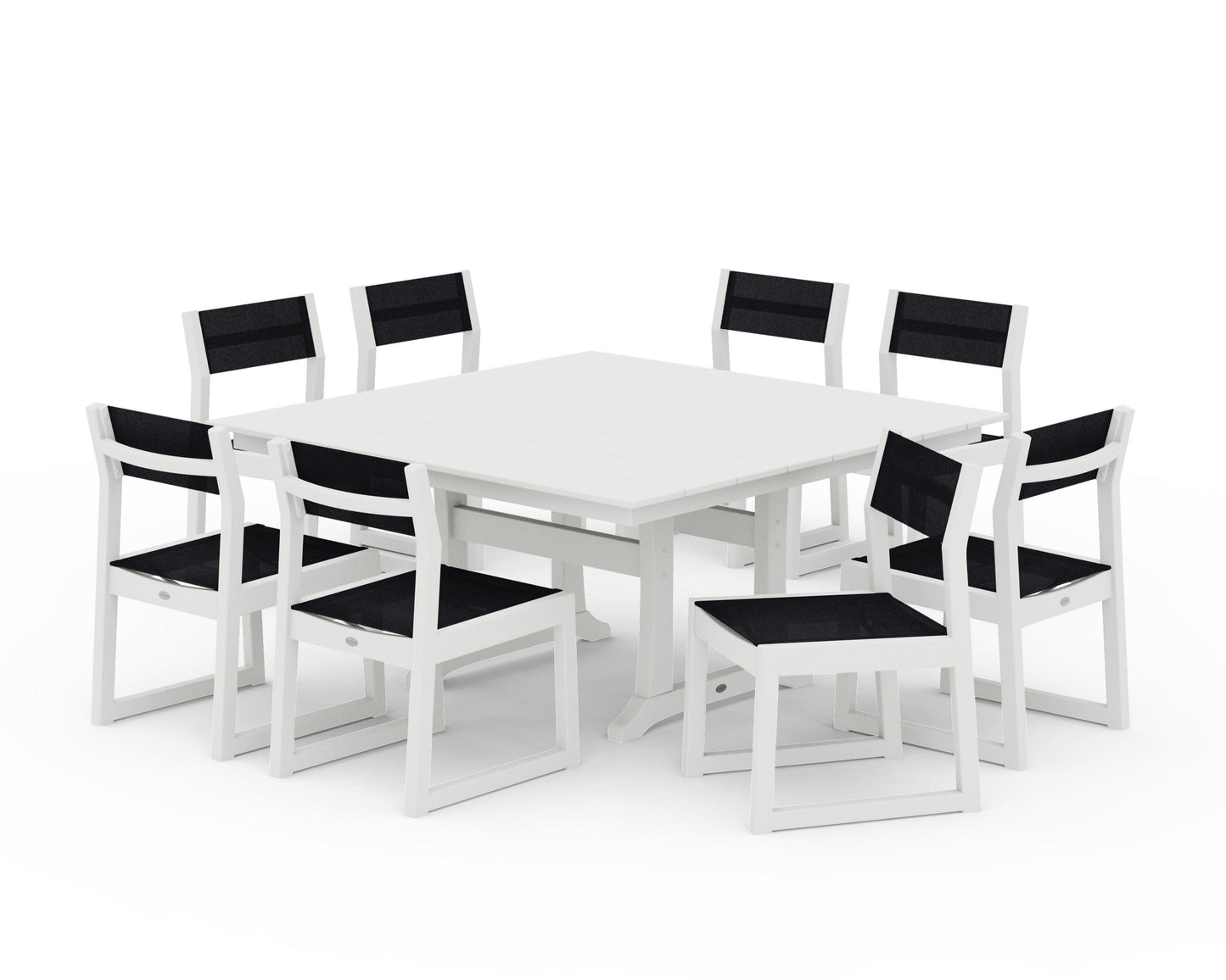 POLYWOOD EDGE Sling Side Chair 9-Piece Farmhouse Trestle Dining Set — Vintage White / Black Sling