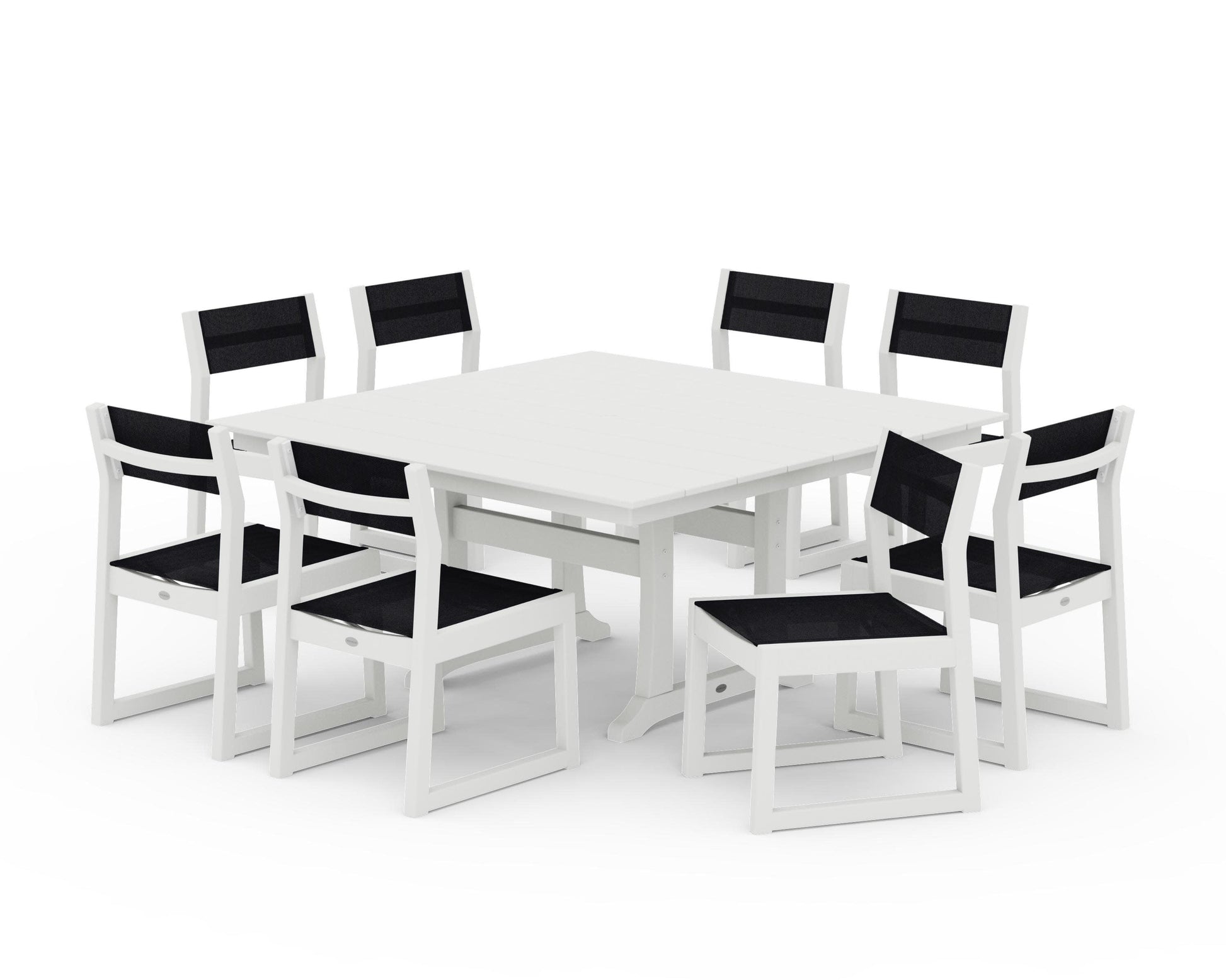 POLYWOOD EDGE Sling Side Chair 9-Piece Farmhouse Trestle Dining Set — Vintage White / Black Sling