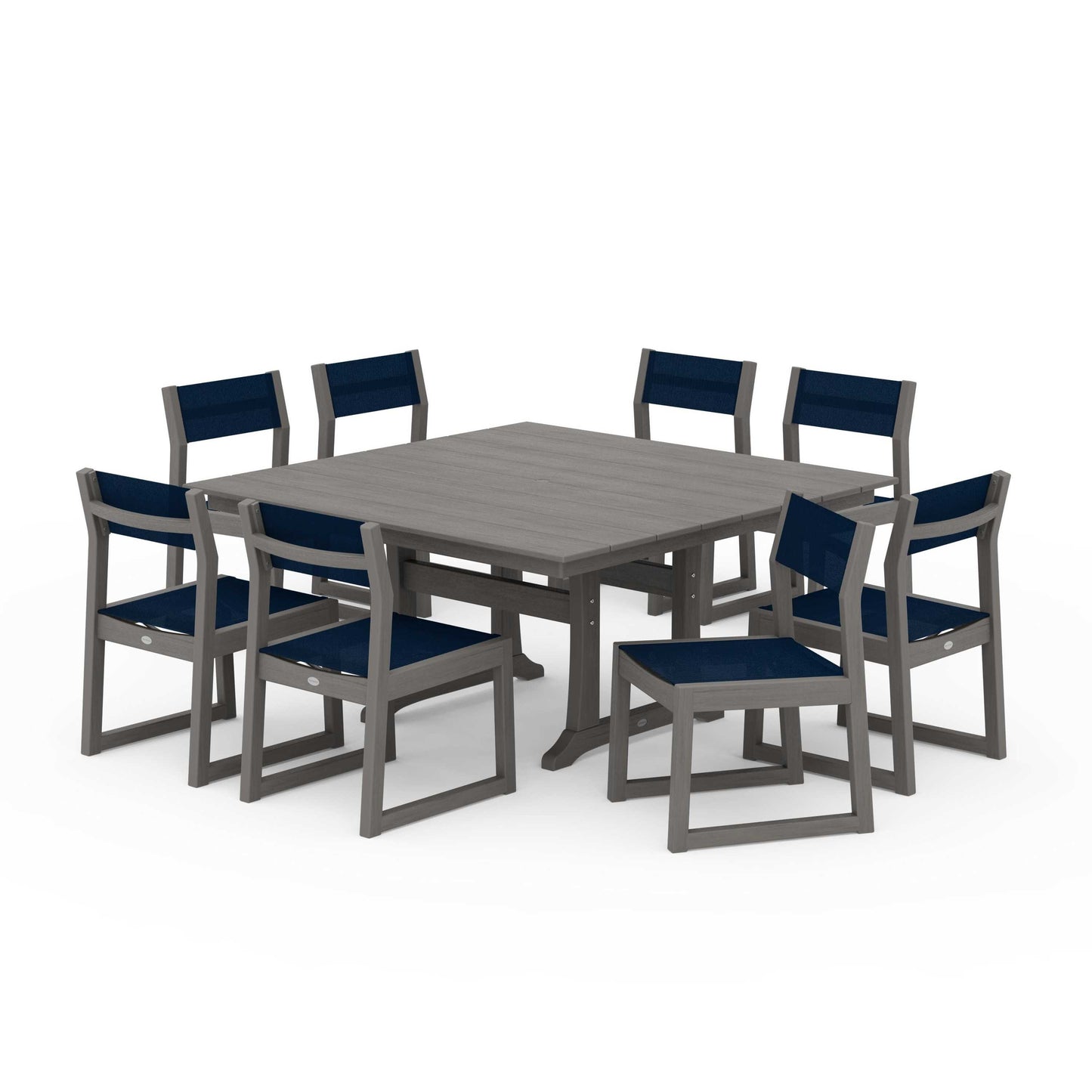 POLYWOOD EDGE Sling Side Chair 9-Piece Farmhouse Trestle Dining Set — Driftwood / Navy Blue Sling