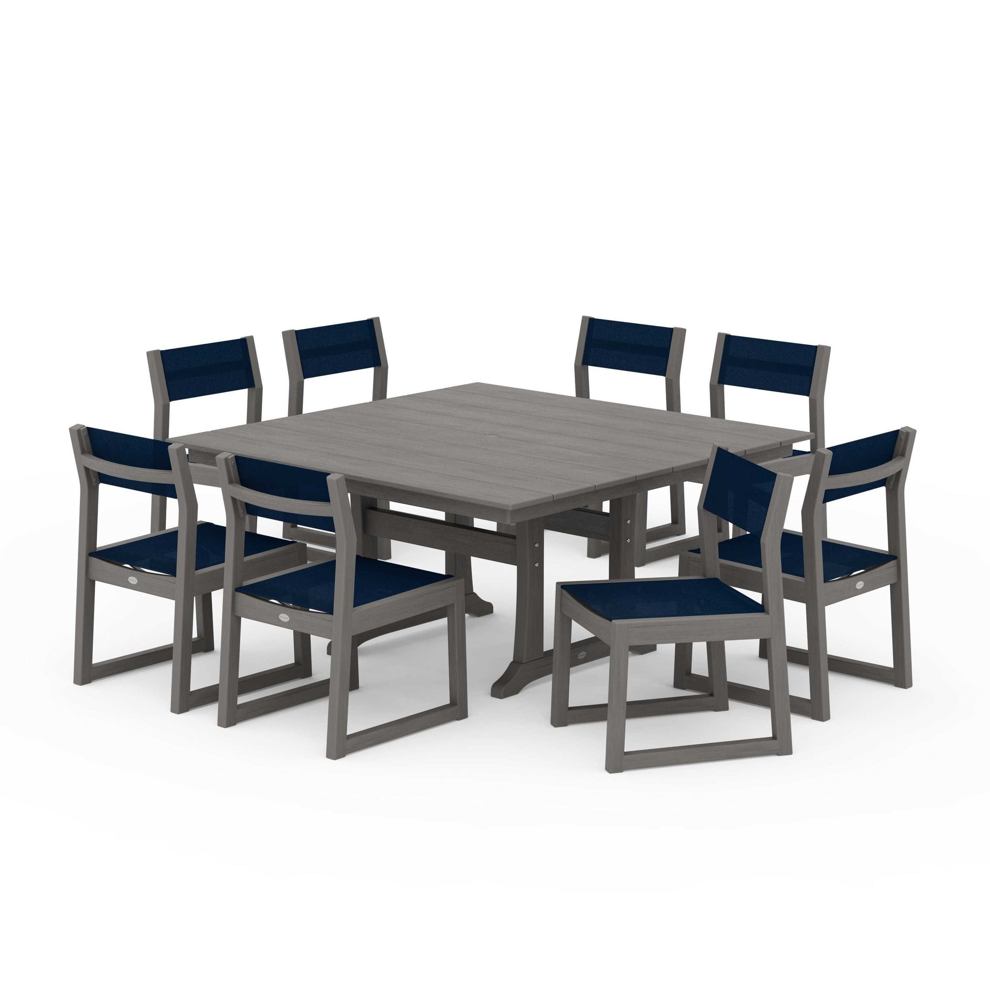 POLYWOOD EDGE Sling Side Chair 9-Piece Farmhouse Trestle Dining Set — Driftwood / Navy Blue Sling