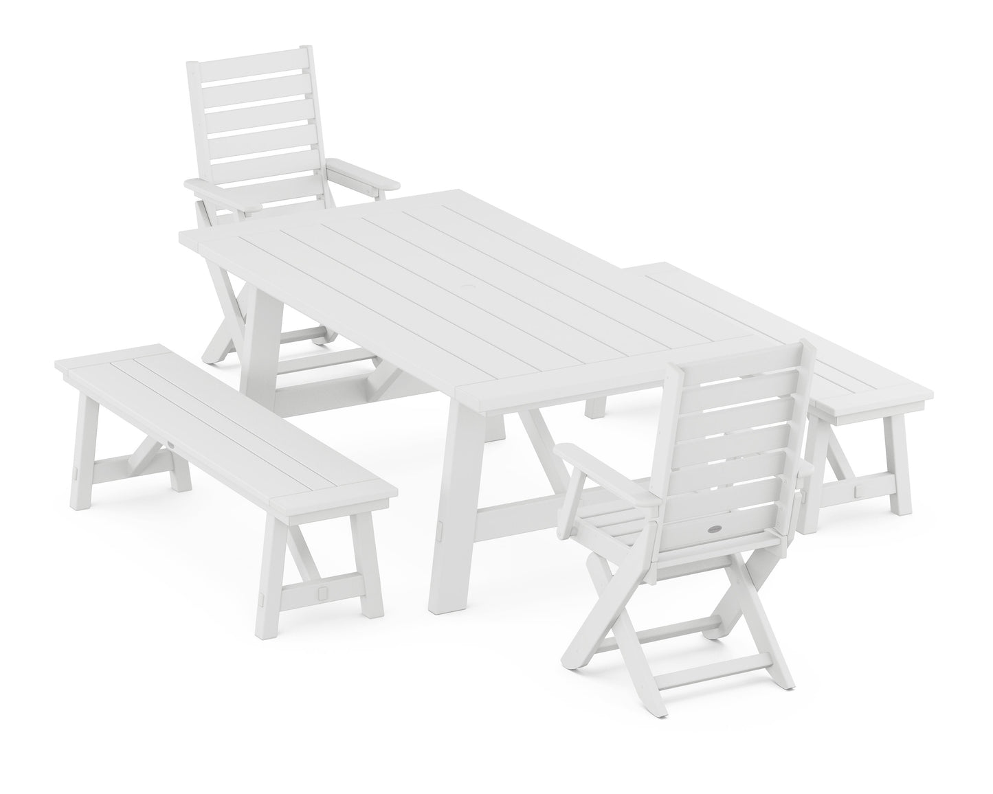 POLYWOOD Captain Folding Chair 5-Piece Rustic Farmhouse Dining Set With Benches — White