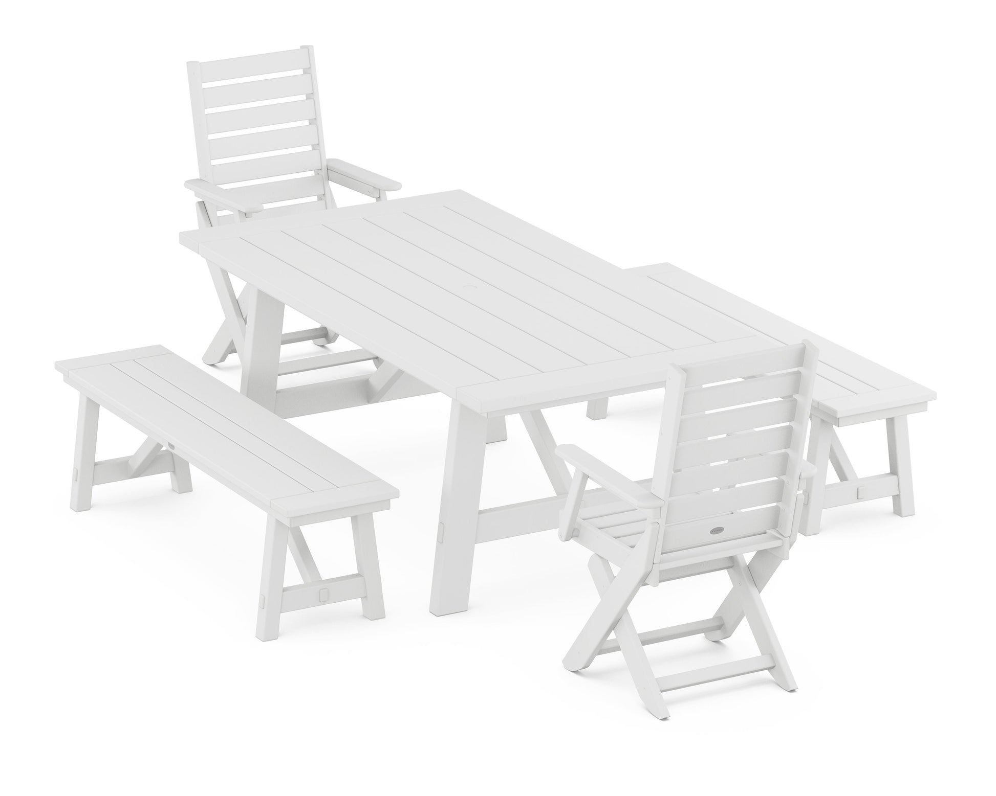 POLYWOOD Captain Folding Chair 5-Piece Rustic Farmhouse Dining Set With Benches — White