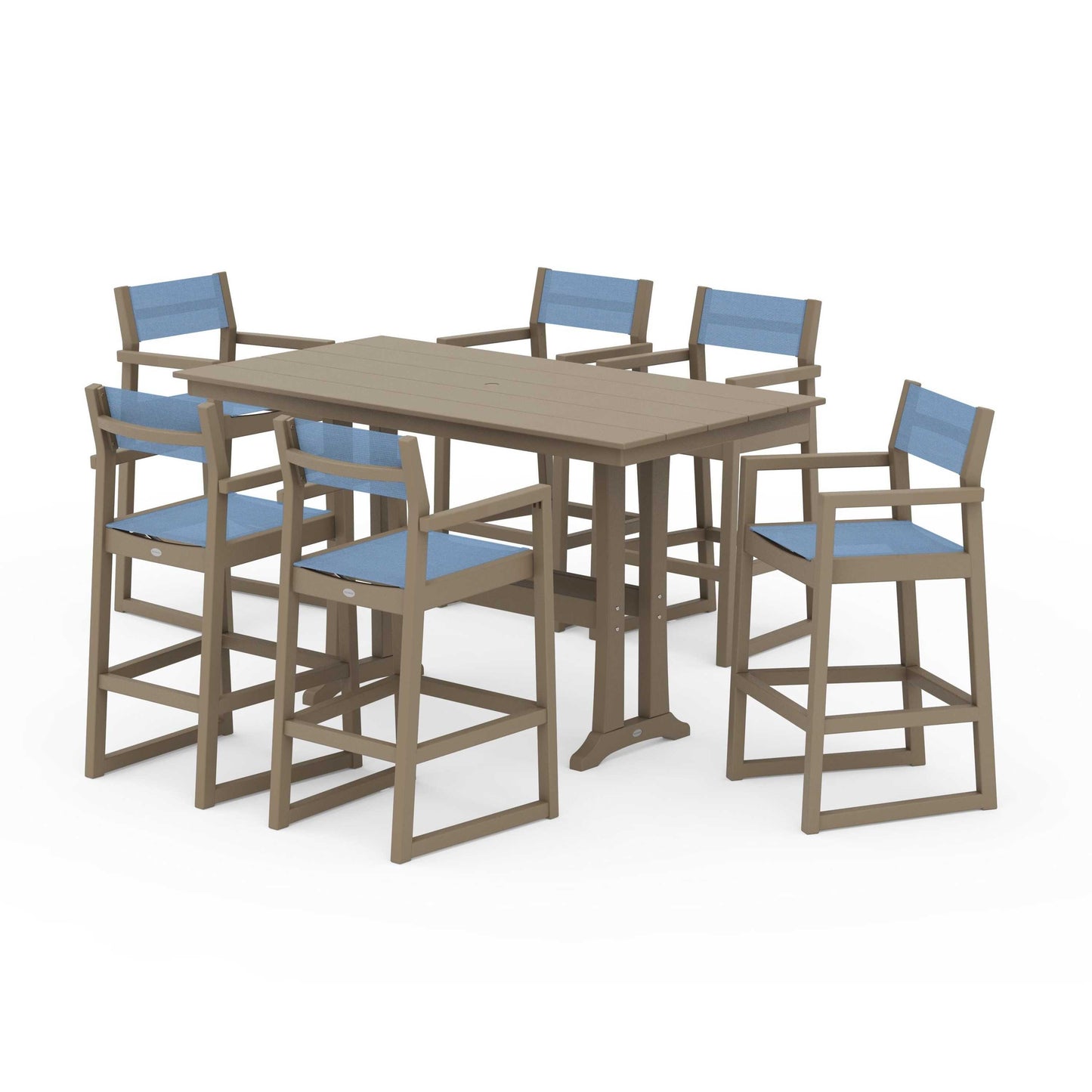 POLYWOOD EDGE Sling Arm Chair 7-Piece Farmhouse Bar Set with Trestle Legs — Vintage Sahara / Poolside Sling