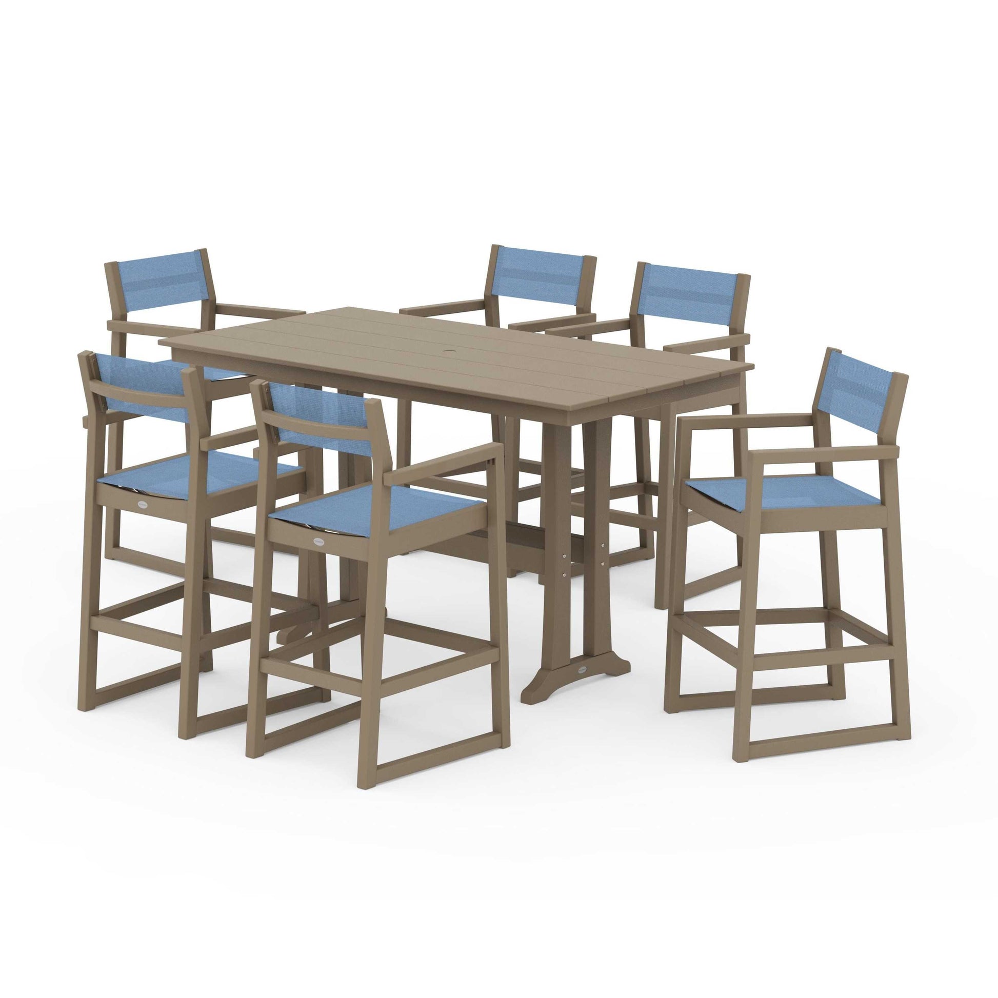 POLYWOOD EDGE Sling Arm Chair 7-Piece Farmhouse Bar Set with Trestle Legs — Vintage Sahara / Poolside Sling