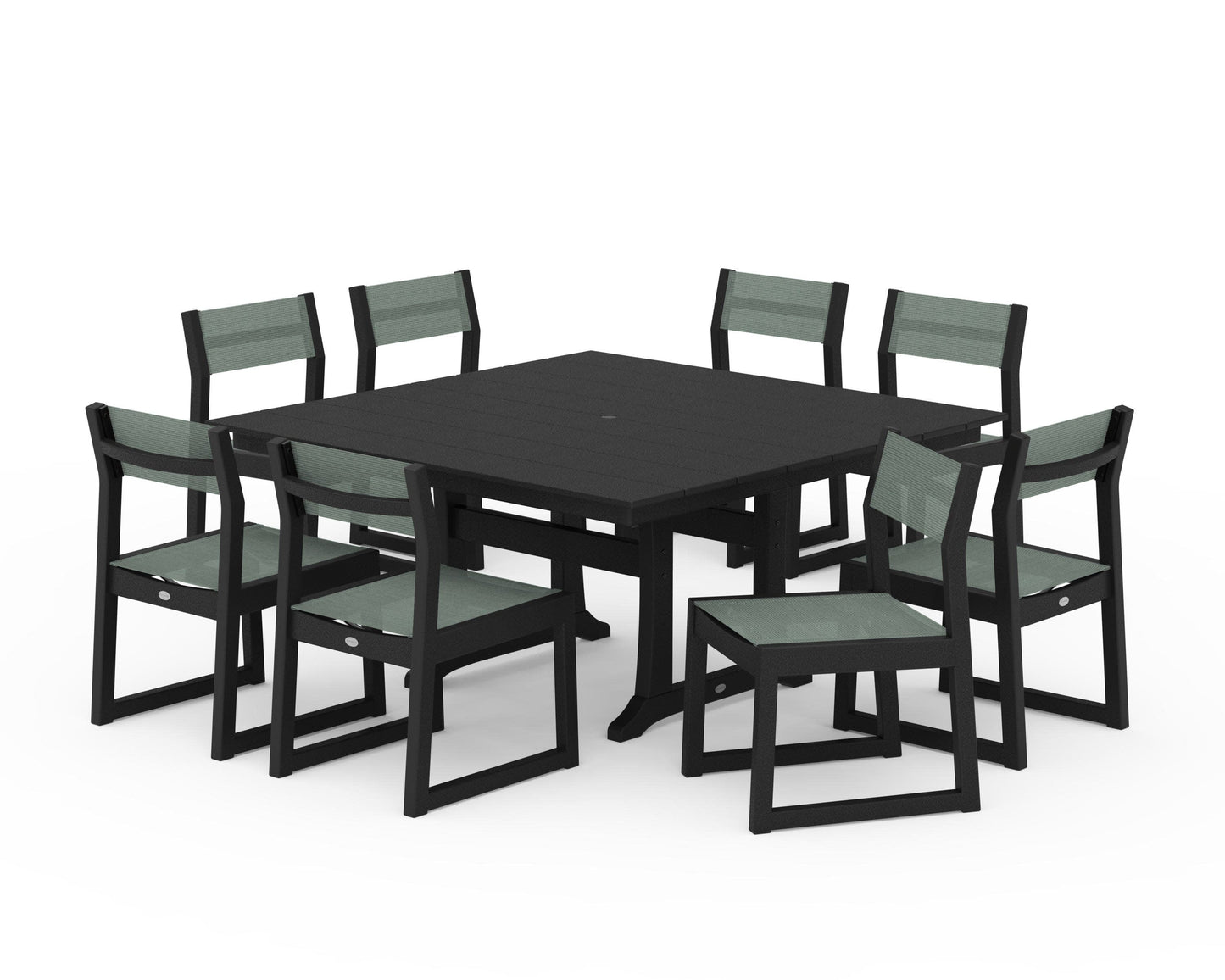 POLYWOOD EDGE Sling Side Chair 9-Piece Farmhouse Trestle Dining Set — Black / Dupioni Sea Mist Sling