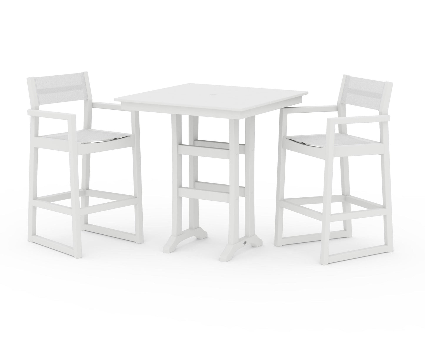 POLYWOOD EDGE Sling Arm Chair 3-Piece Farmhouse Bar Set with Trestle Legs — White / White Sling
