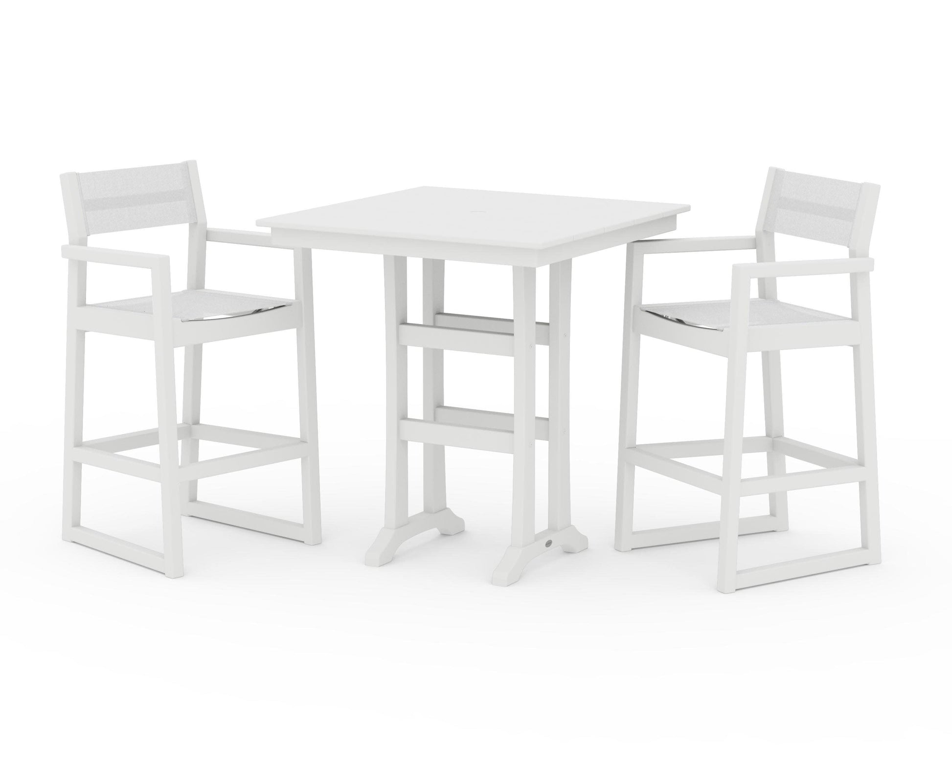POLYWOOD EDGE Sling Arm Chair 3-Piece Farmhouse Bar Set with Trestle Legs — White / White Sling