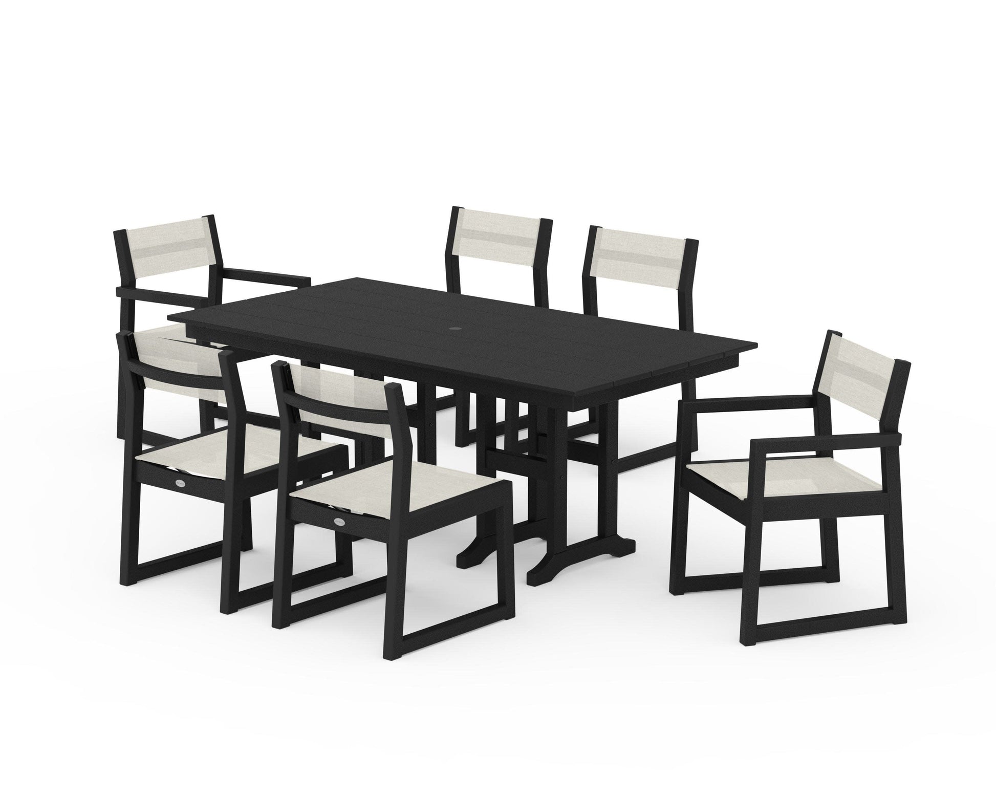 POLYWOOD EDGE Sling 7-Piece Farmhouse Dining Set — Black / Parchment Sling