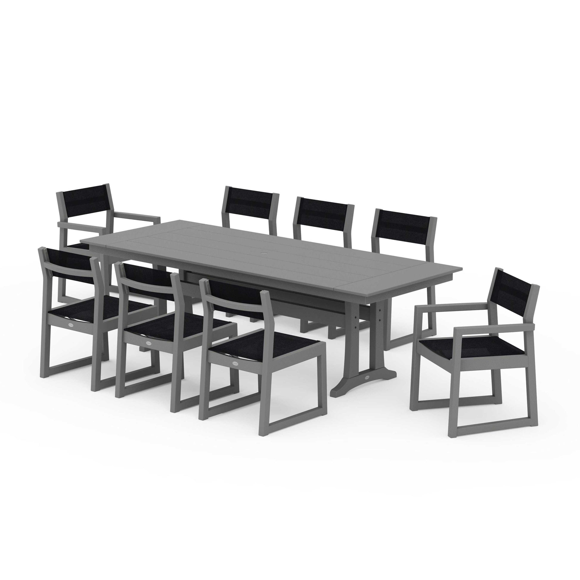 POLYWOOD EDGE Sling 9-Piece Farmhouse Trestle Dining Set — Slate Grey / Black Sling