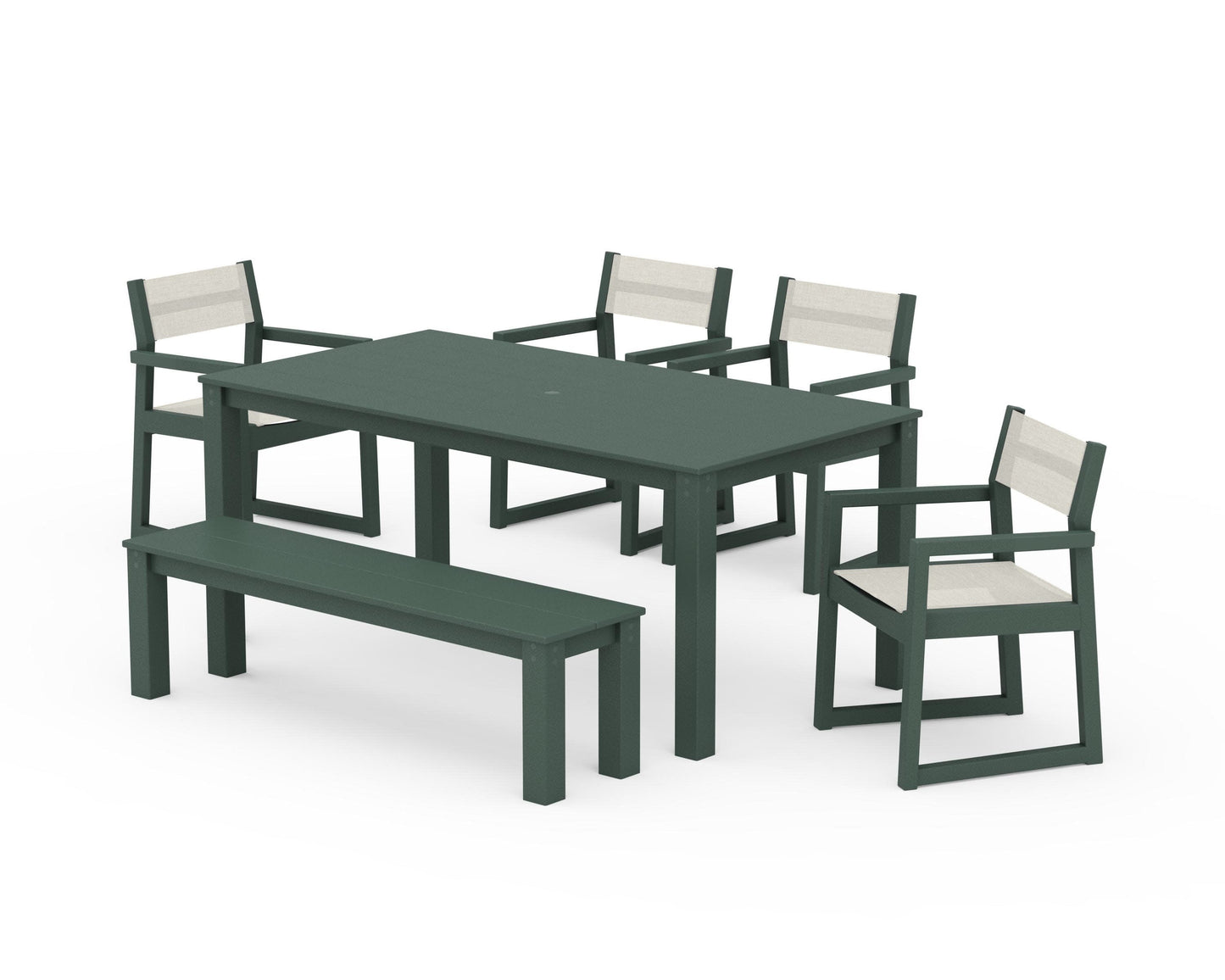 POLYWOOD EDGE Sling Arm Chair 6-Piece Parsons Dining Set with Bench — Green / Parchment Sling