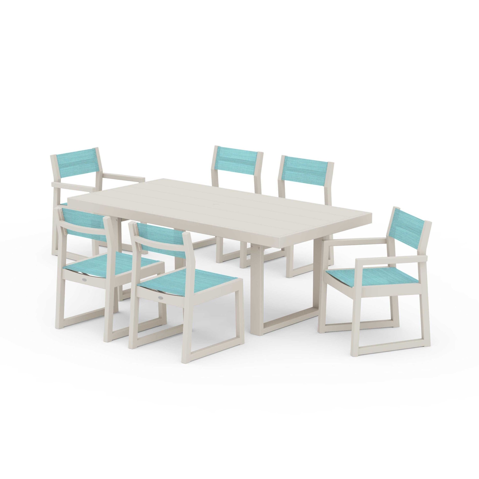 POLYWOOD EDGE Sling 7-Piece Dining Set — Sand / Dupioni Aquamarine Sling