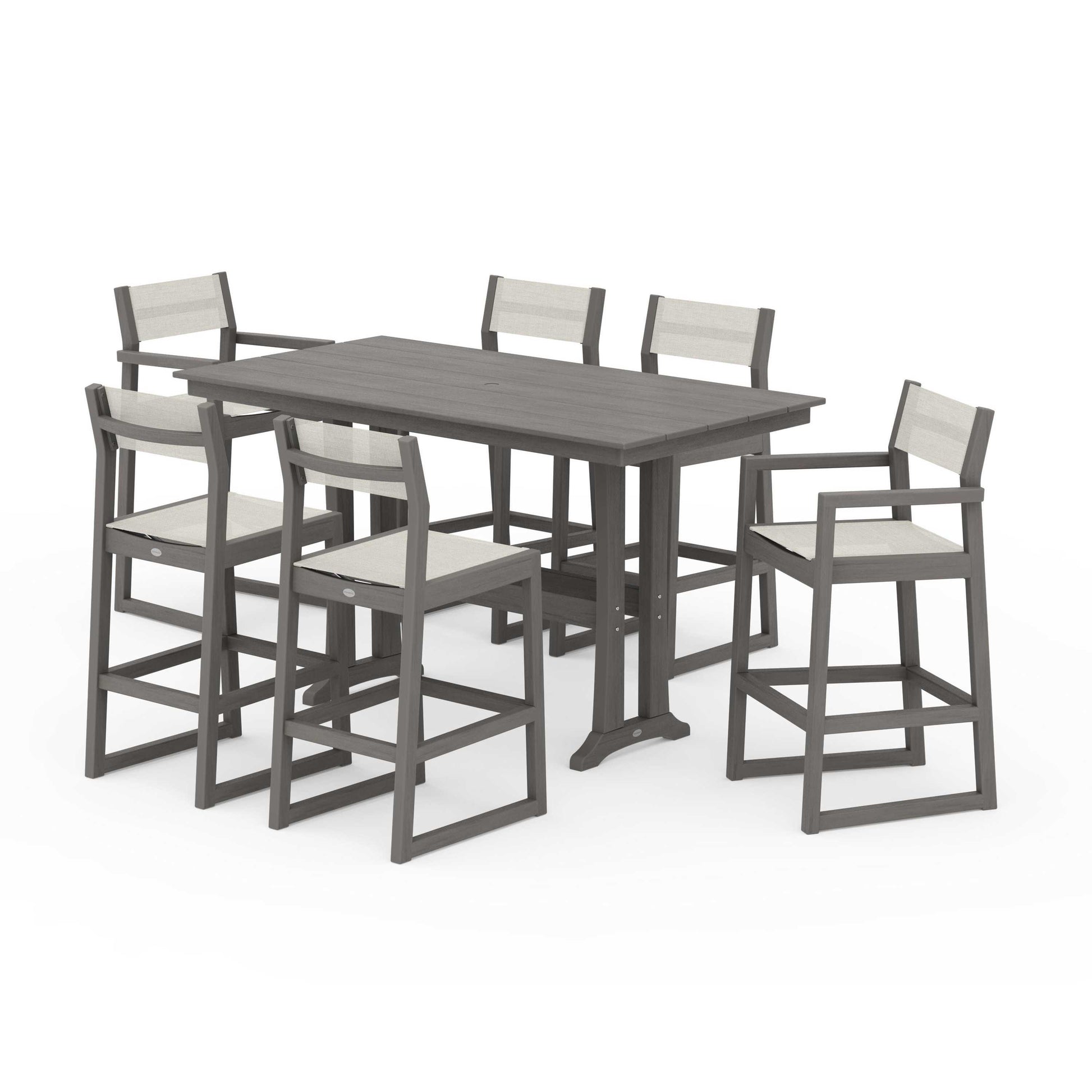 POLYWOOD EDGE Sling 7-Piece Farmhouse Bar Set with Trestle Legs — Driftwood / Parchment Sling