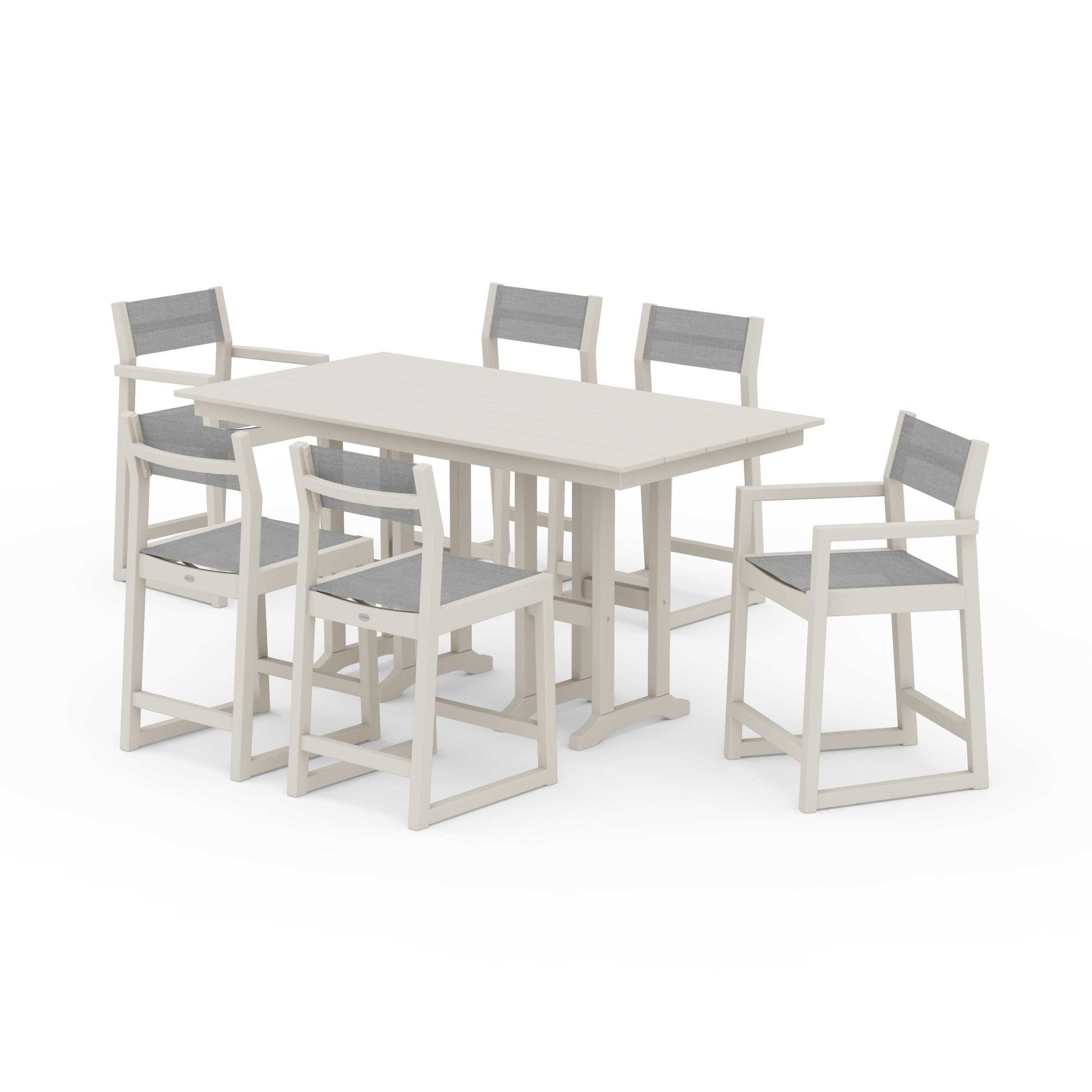 POLYWOOD EDGE Sling 7-Piece Farmhouse Counter Set with Trestle Legs — Sand / Metallic Sling