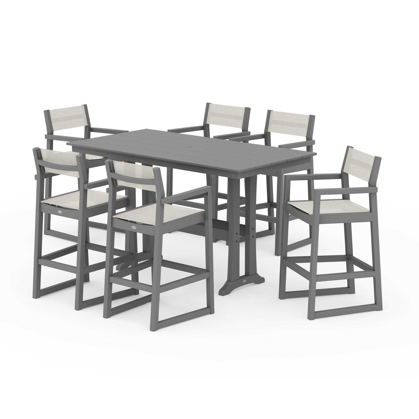 POLYWOOD EDGE Sling Arm Chair 7-Piece Farmhouse Bar Set with Trestle Legs — Slate Grey / Parchment Sling