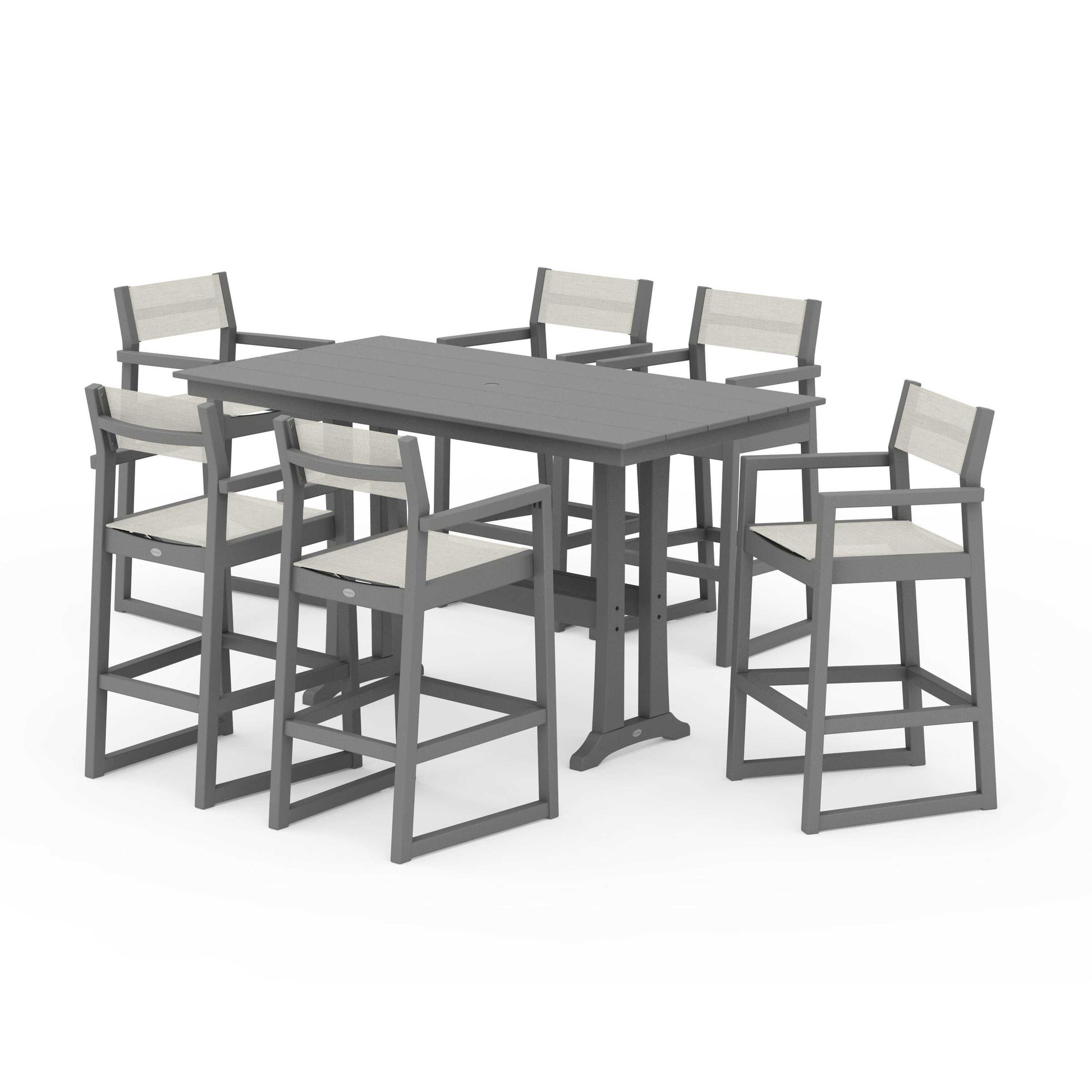 POLYWOOD EDGE Sling Arm Chair 7-Piece Farmhouse Bar Set with Trestle Legs — Slate Grey / Parchment Sling