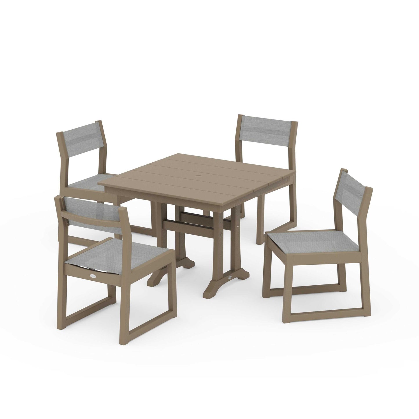 POLYWOOD EDGE Sling 5-Piece Farmhouse Trestle Side Chair Dining Set — Vintage Sahara / Metallic Sling