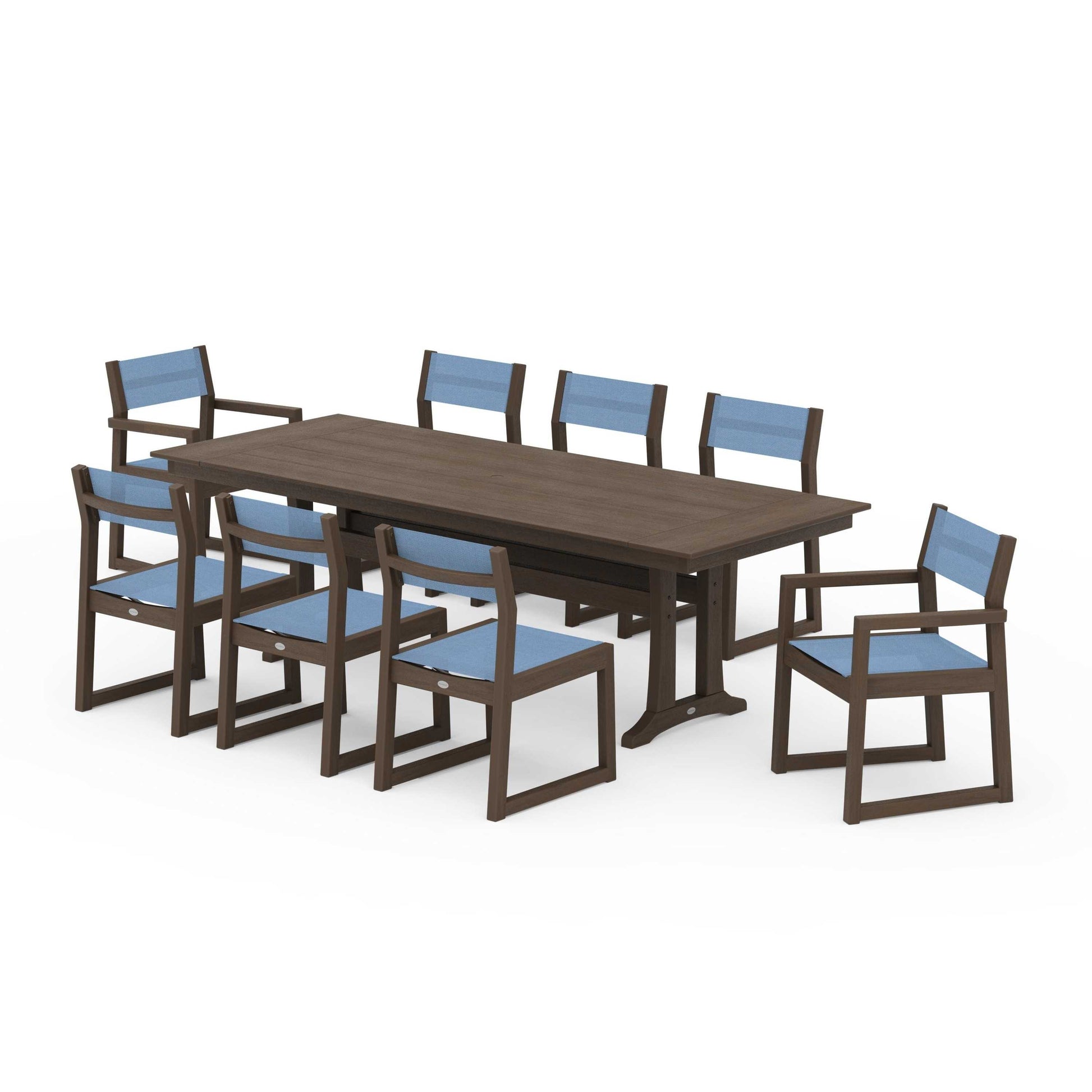POLYWOOD EDGE Sling 9-Piece Farmhouse Trestle Dining Set — Kona / Poolside Sling