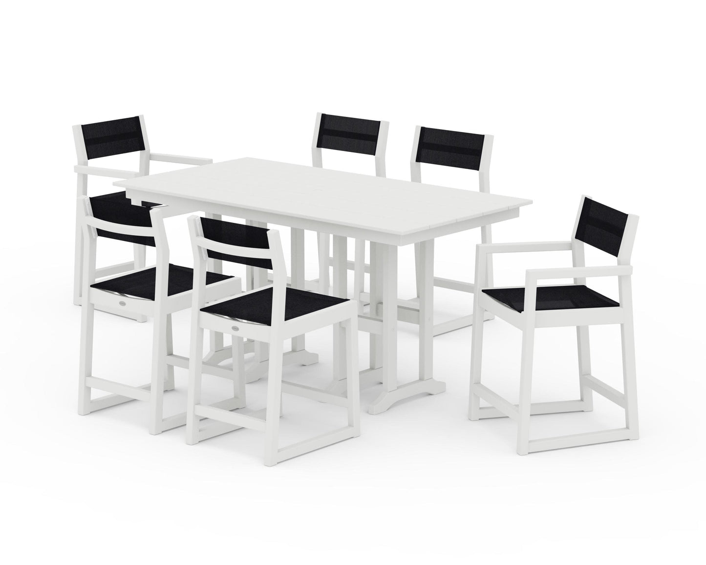 POLYWOOD EDGE Sling 7-Piece Farmhouse Counter Set with Trestle Legs — Vintage White / Black Sling