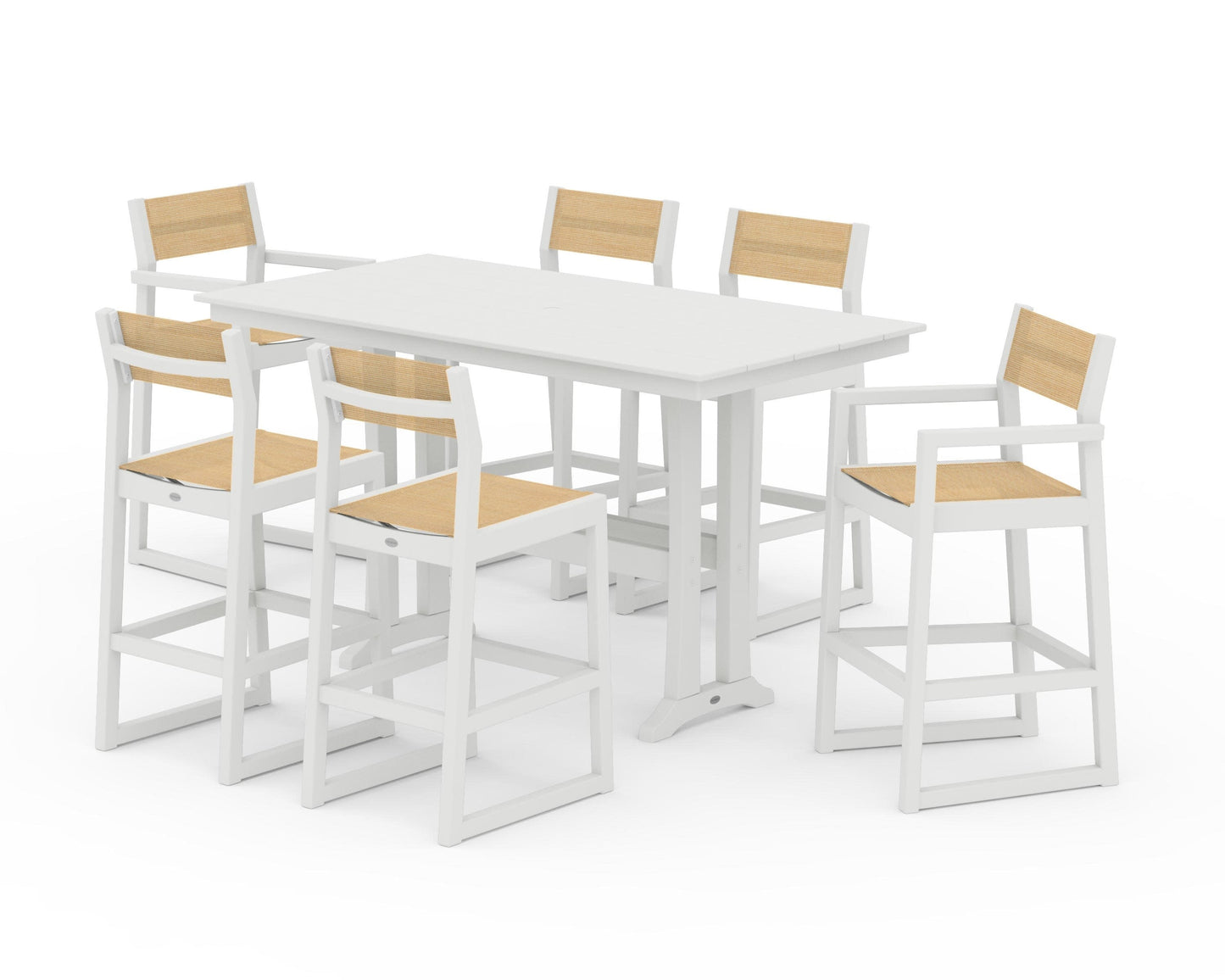 POLYWOOD EDGE Sling 7-Piece Farmhouse Bar Set with Trestle Legs — Vintage White / Dupioni Apricot Sling