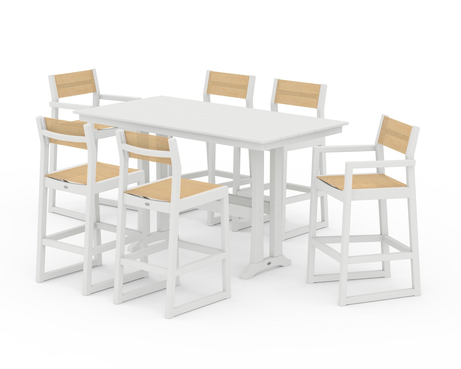 POLYWOOD EDGE Sling 7-Piece Farmhouse Bar Set with Trestle Legs — Vintage White / Dupioni Apricot Sling
