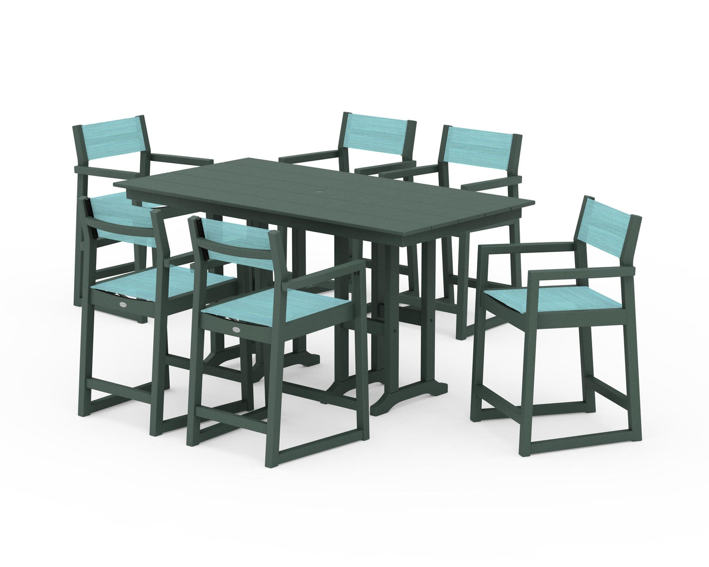 POLYWOOD EDGE Sling Arm Chair 7-Piece Farmhouse Counter Set — Green / Dupioni Aquamarine Sling