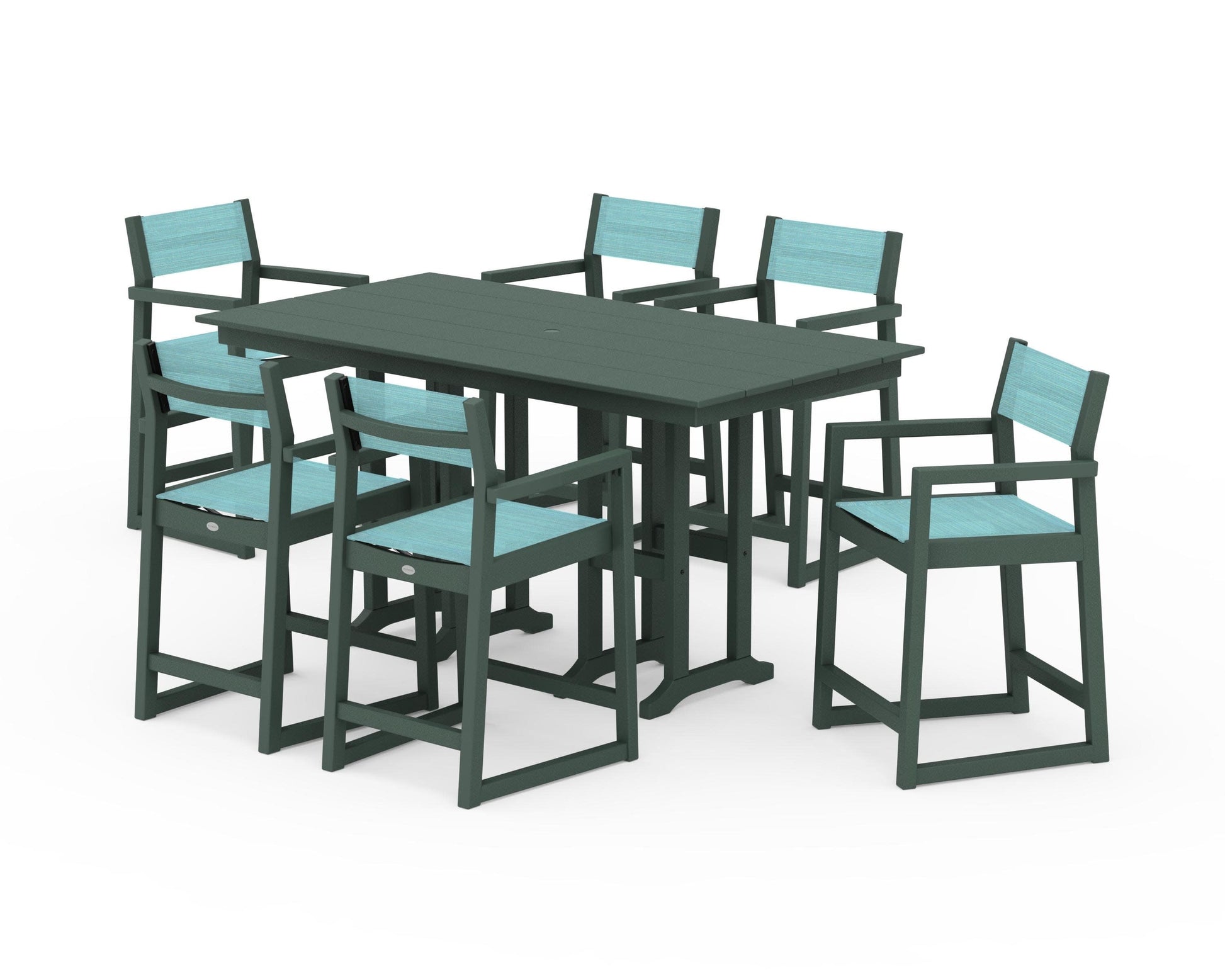 POLYWOOD EDGE Sling Arm Chair 7-Piece Farmhouse Counter Set — Green / Dupioni Aquamarine Sling