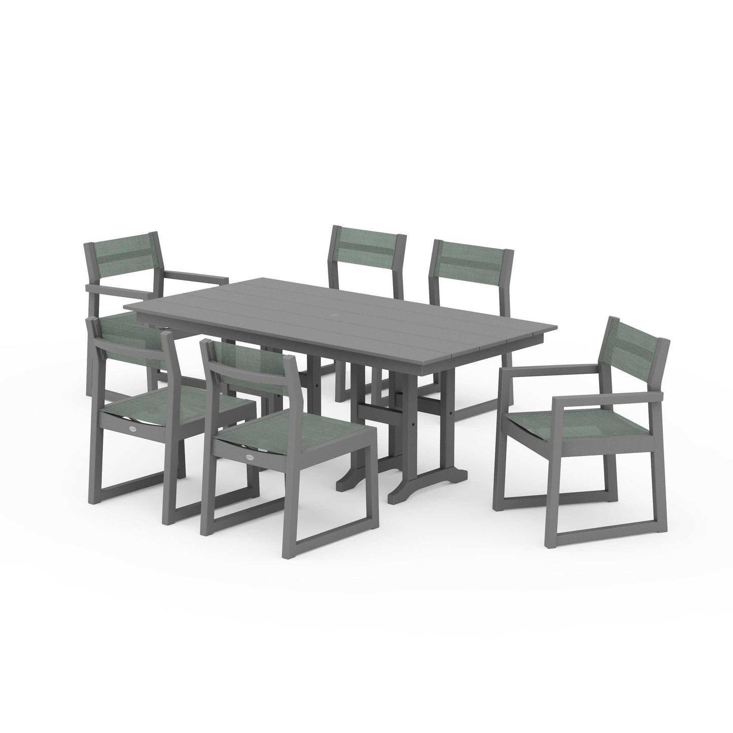 POLYWOOD EDGE Sling 7-Piece Farmhouse Dining Set — Slate Grey / Dupioni Sea Mist Sling