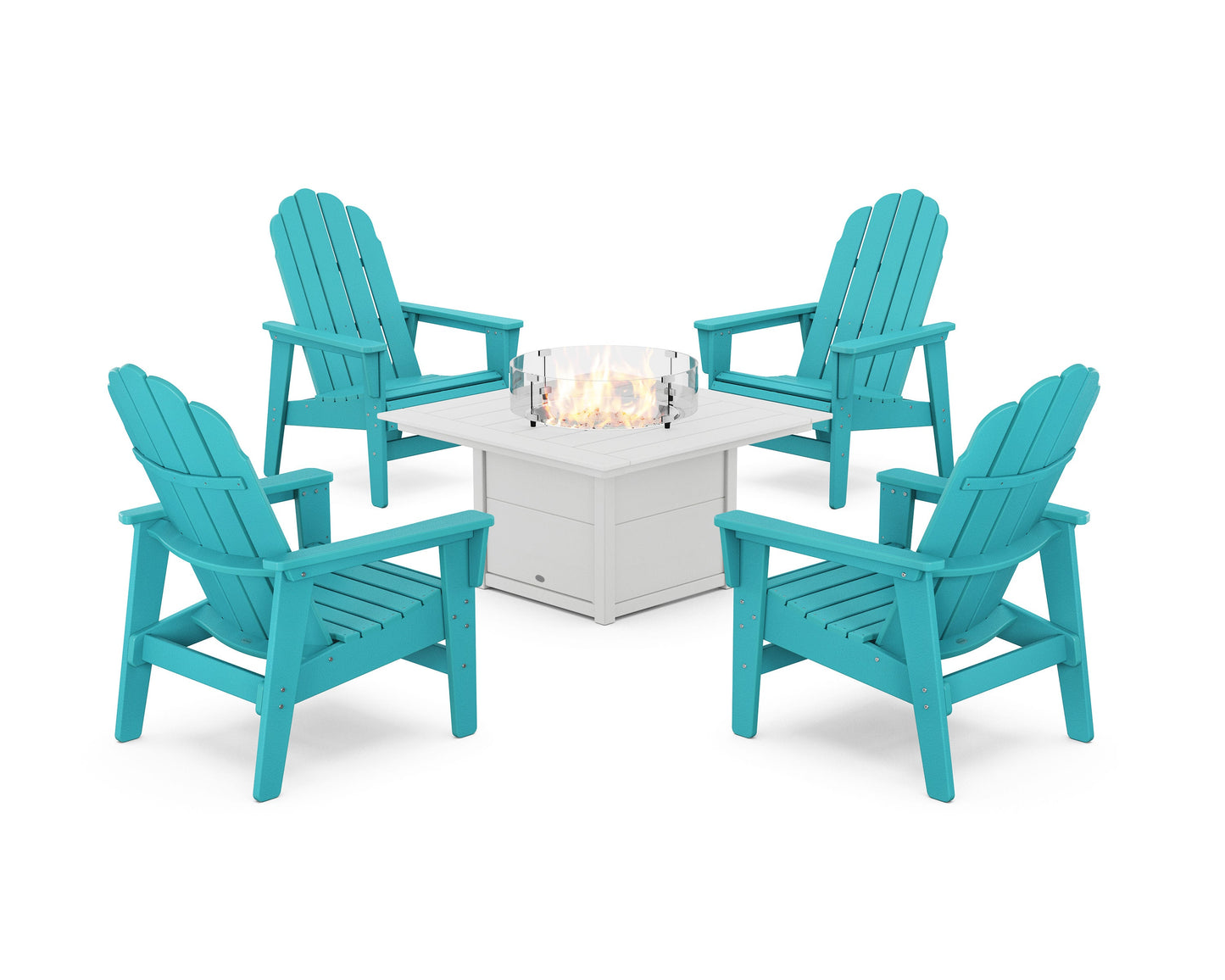 POLYWOOD 5-Piece Vineyard Grand Upright Adirondack Conversation Set with Fire Pit Table — Aruba / White