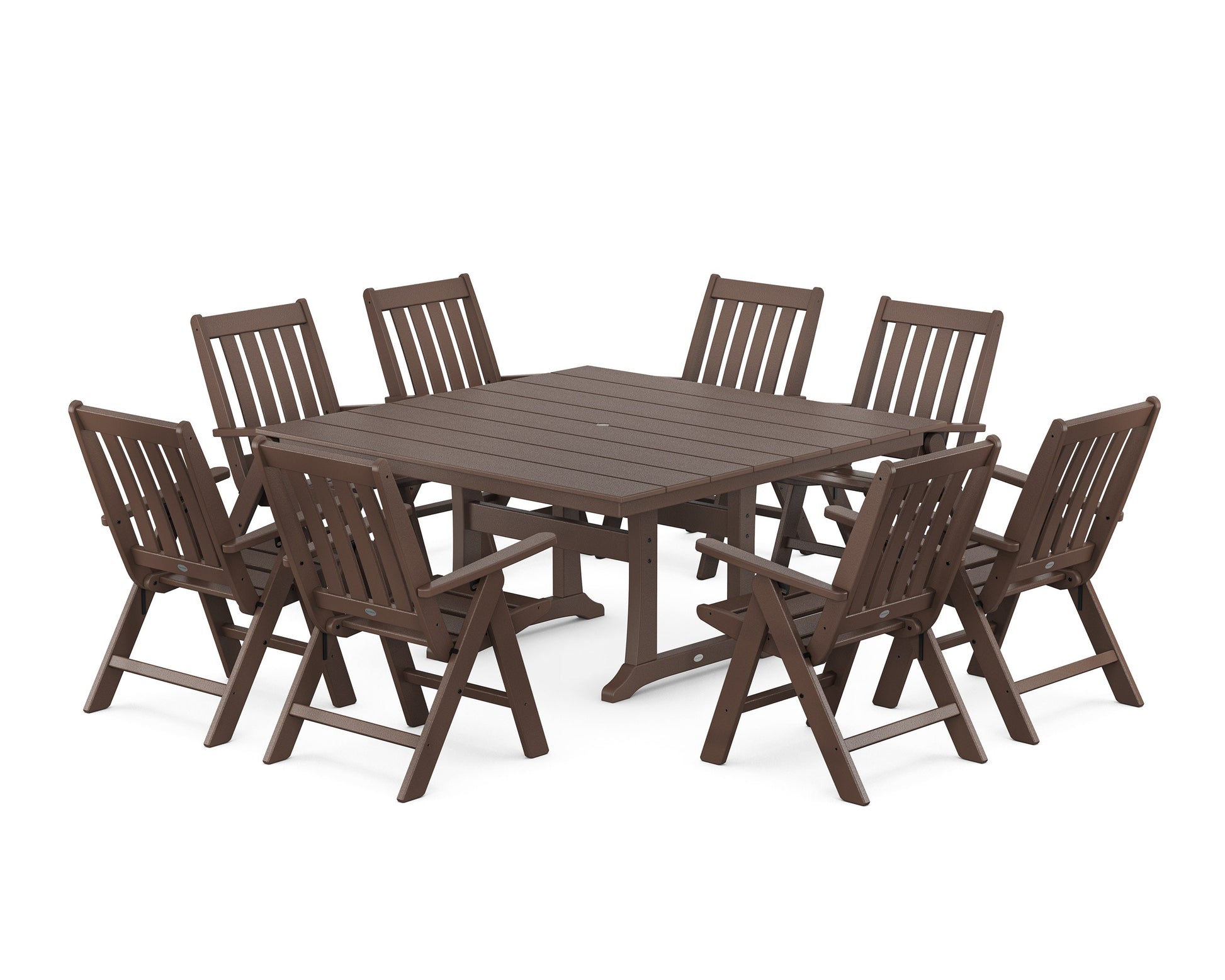 POLYWOOD Vineyard Folding Chair 9-Piece Square Farmhouse Dining Set with Trestle Legs — Mahogany