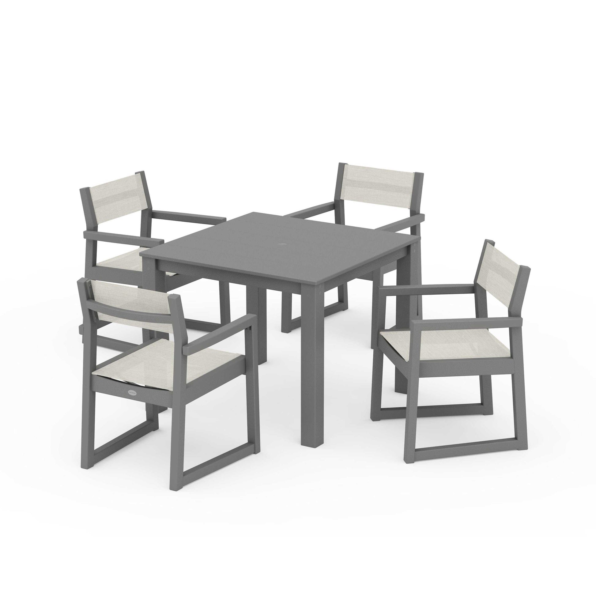 POLYWOOD EDGE Sling Arm Chair 5-Piece Parsons Dining Set — Slate Grey / Parchment Sling