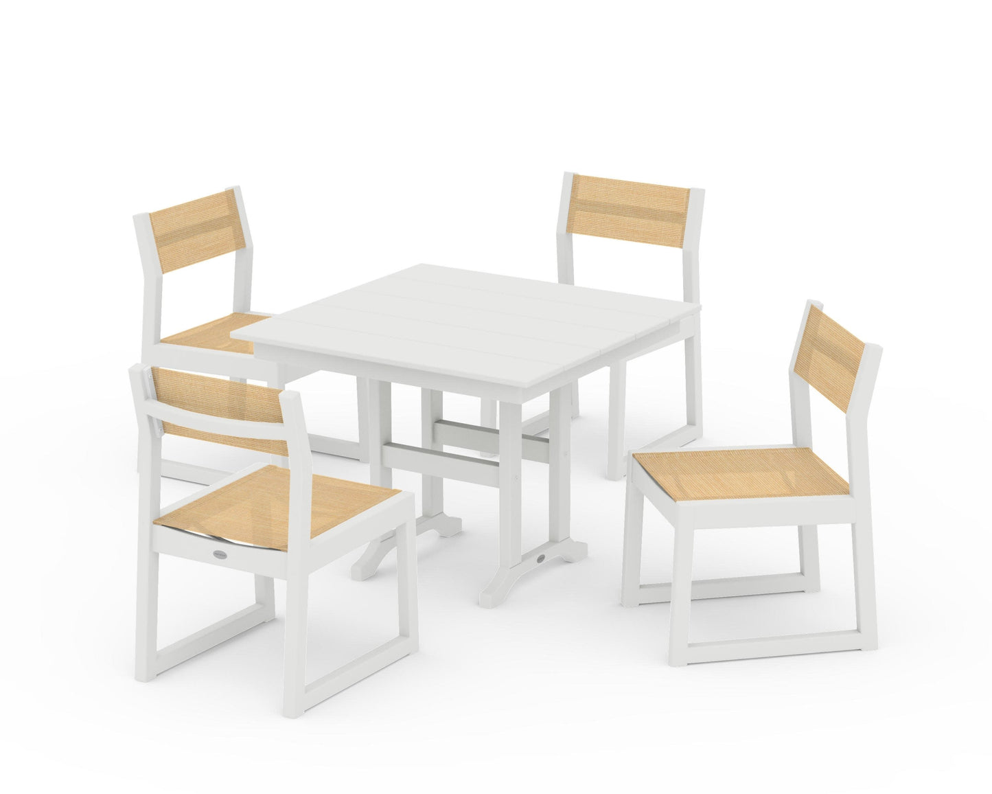 POLYWOOD EDGE Sling Side Chair 5-Piece Farmhouse Dining Set — Vintage White / Dupioni Apricot Sling