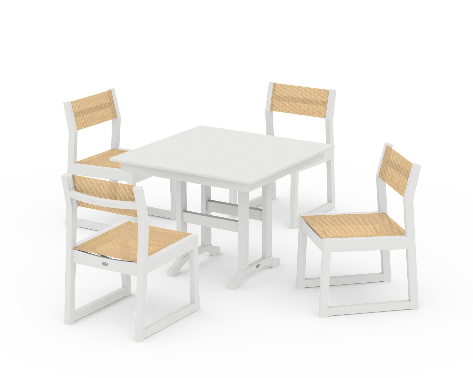 POLYWOOD EDGE Sling Side Chair 5-Piece Farmhouse Dining Set — Vintage White / Dupioni Apricot Sling