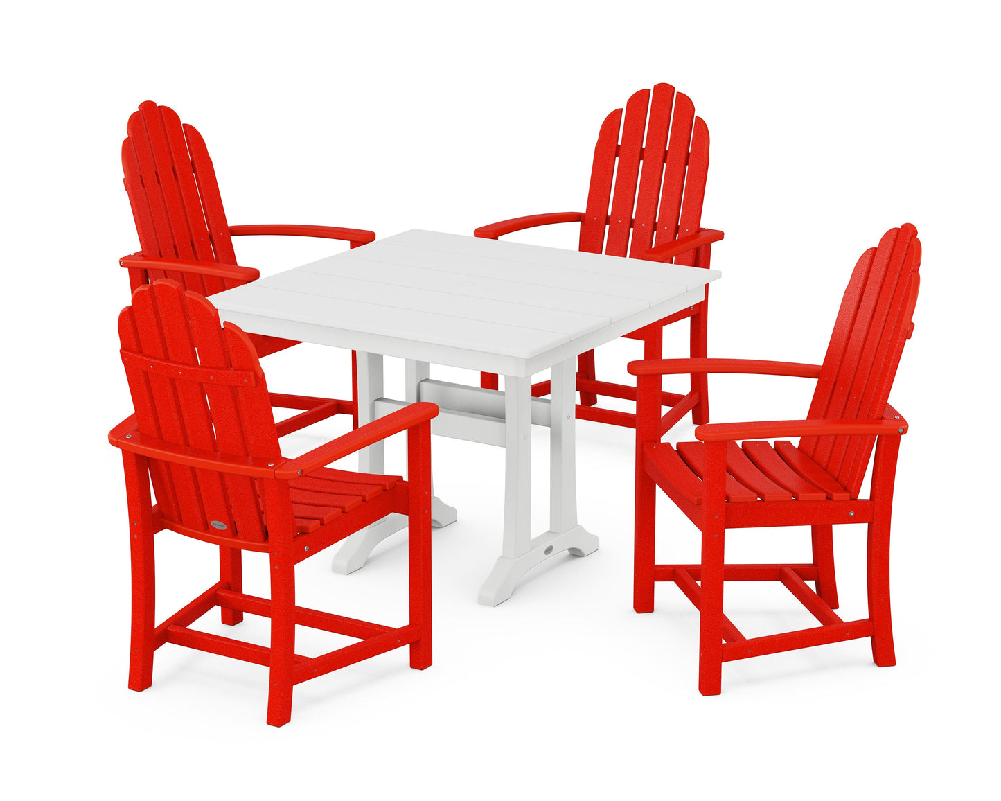 POLYWOOD Classic Adirondack 5-Piece Farmhouse Dining Set With Trestle Legs — Sunset Red / White
